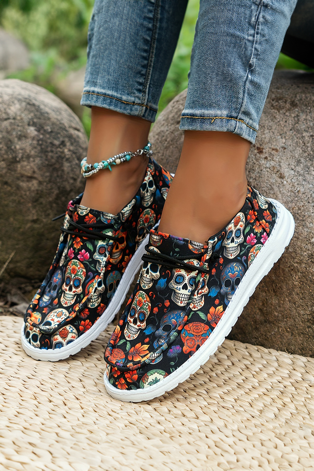 Dark Blue Sugar Skull Print Lace-up Detail Halloween Flat Shoes - loveforevers