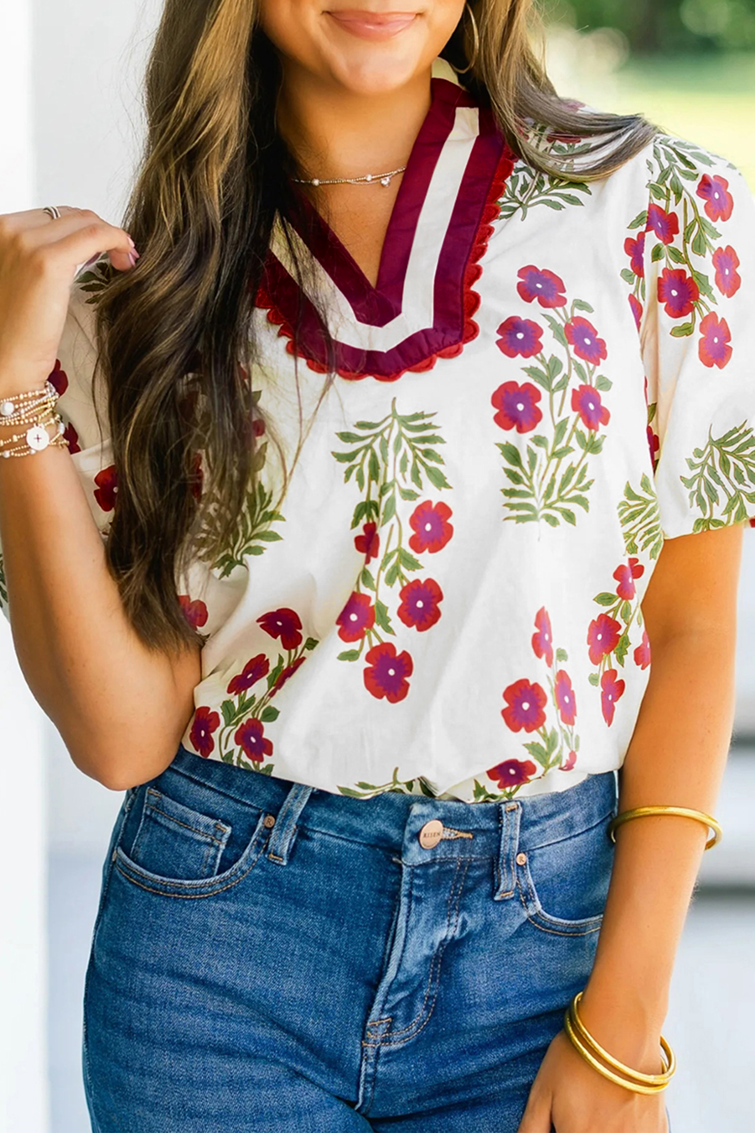 White Floral Short Bubble Sleeve Contrast Slit Neckline Blouse - loveforevers