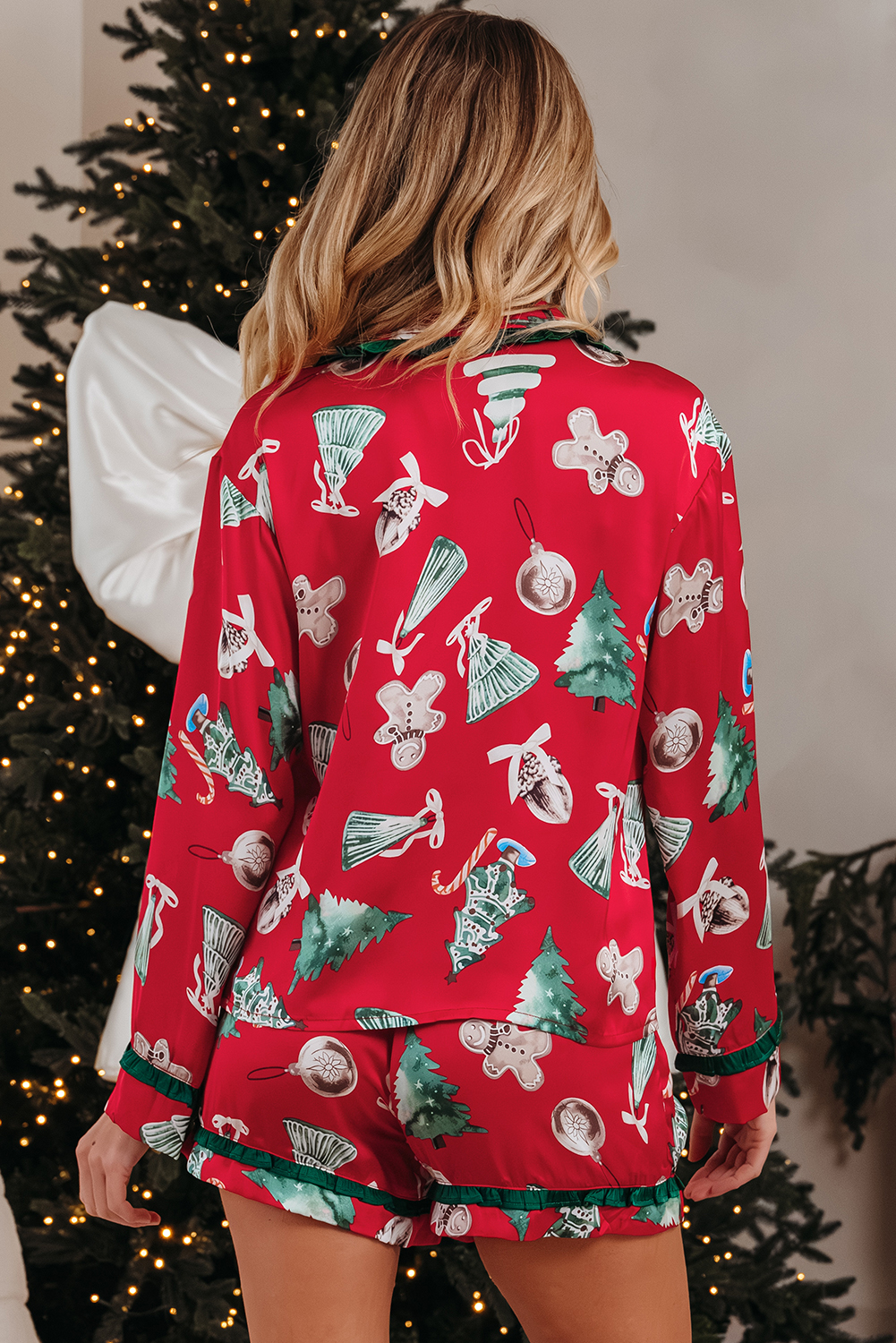 Red Christmas Fashion Print Contrast Ruffle Trim Ribbon Bow Knot 2pcs Pajama Set - loveforevers