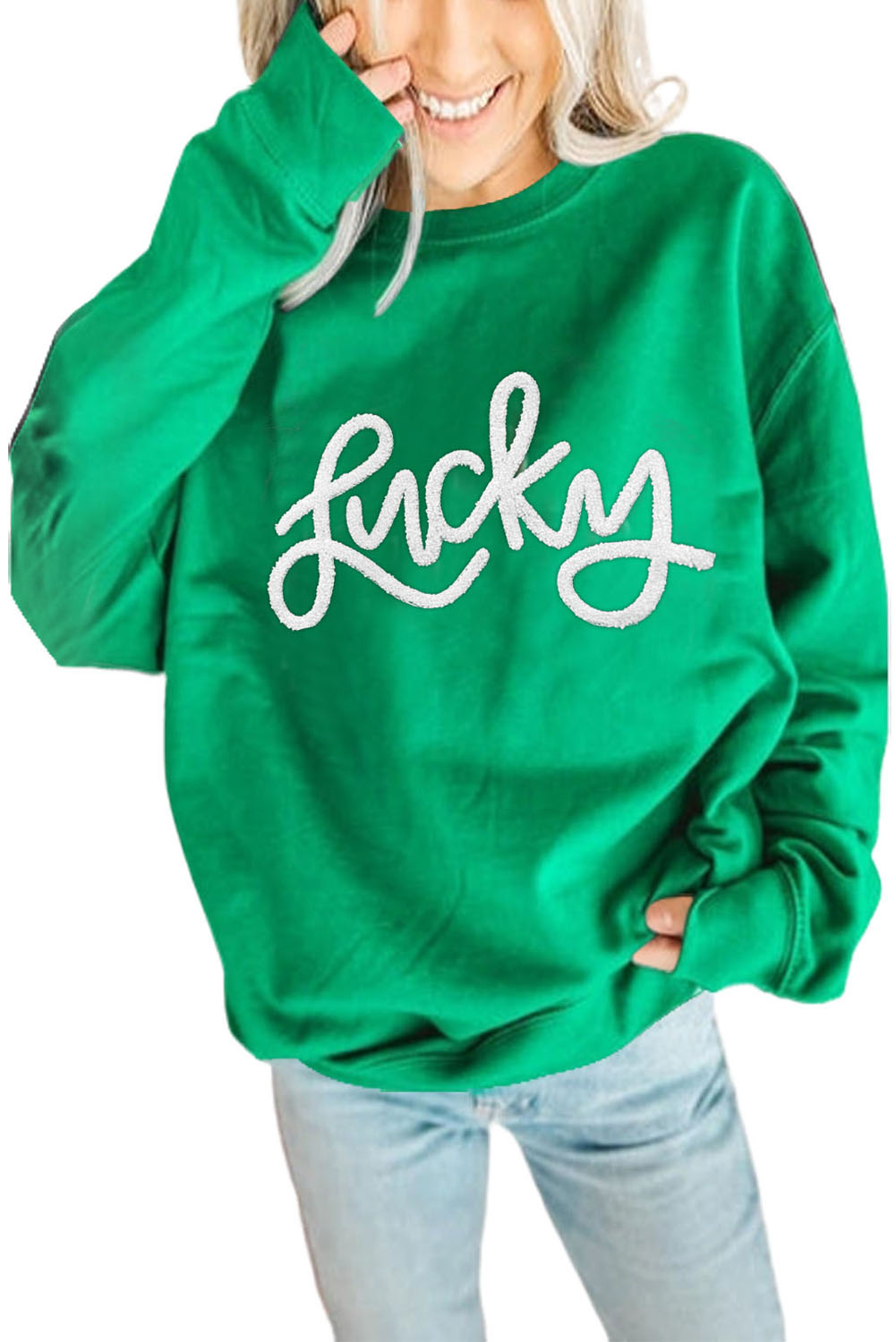 Green LUCKY Aphabet Chenille Embroidered Pullover Sweatshirt - loveforevers