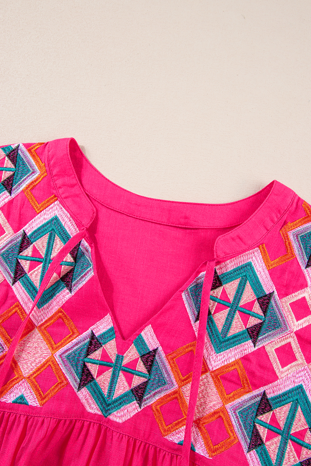 Strawberry Pink Geometric Embroidered Tassel Tie V Neck Blouse - loveforevers