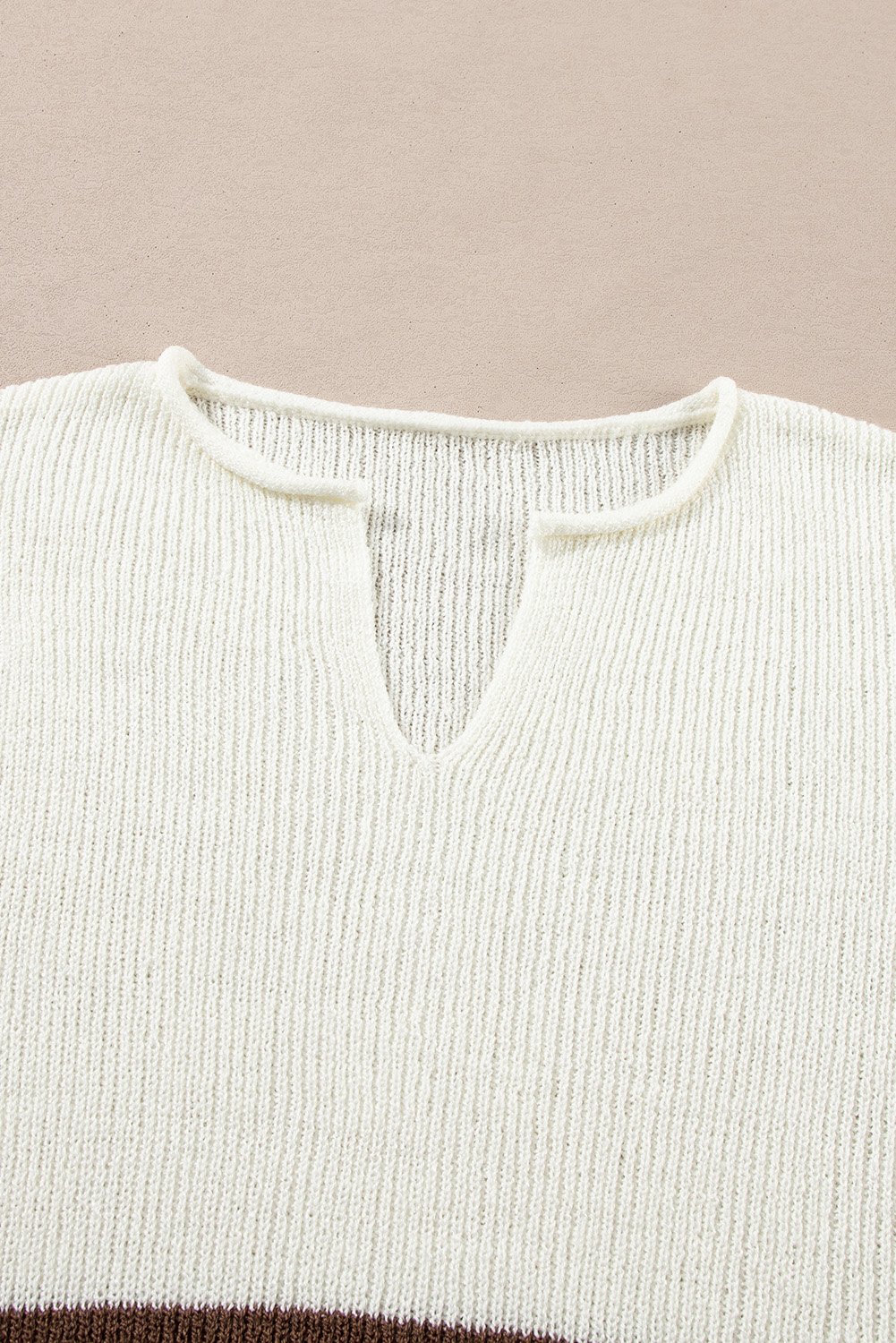 Brown Striped Accent Notched V Neck Cropped Sweater T Shirt - loveforevers