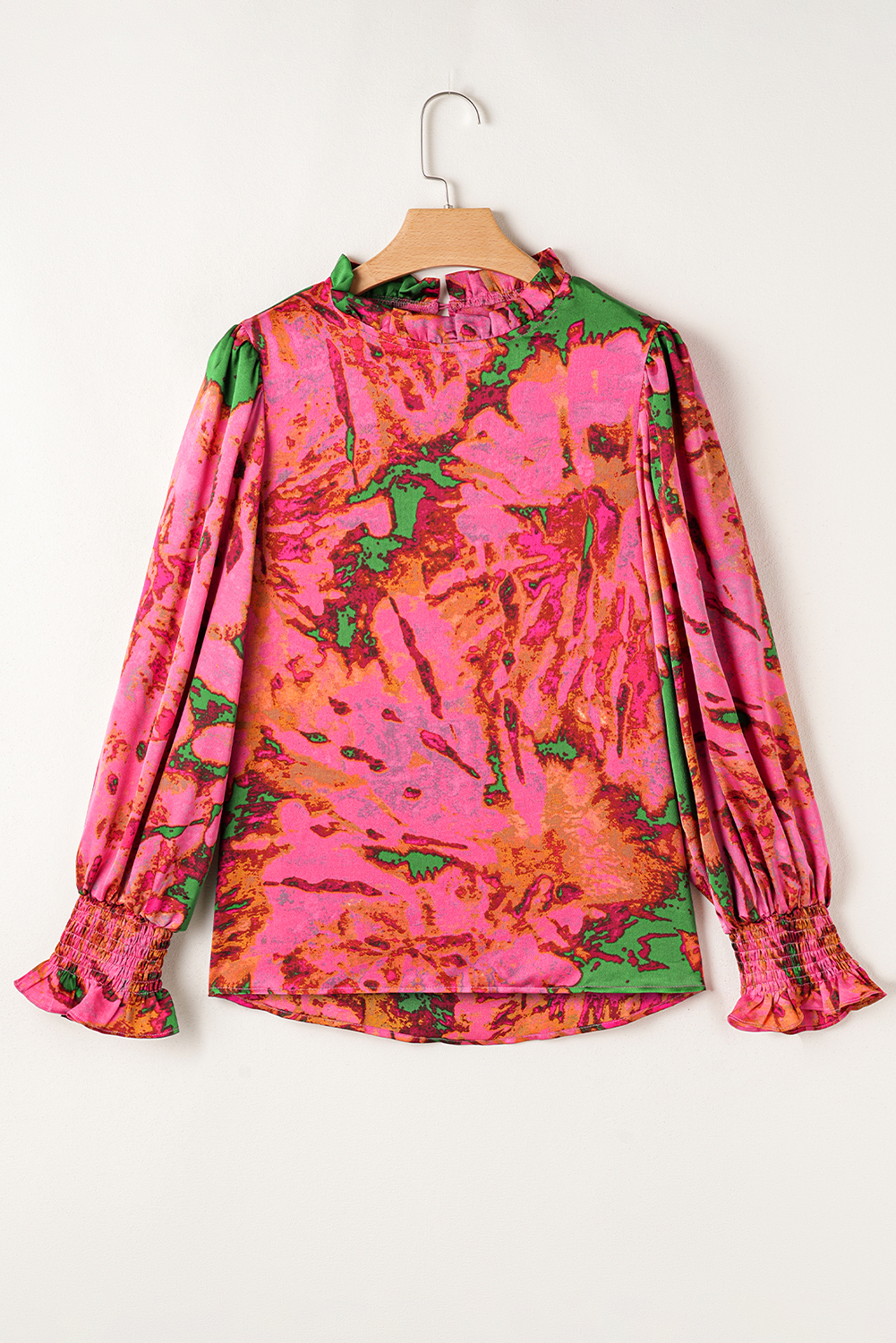 Rose Abstract Print Frilly Neckline Puff Sleeve Blouse - loveforevers