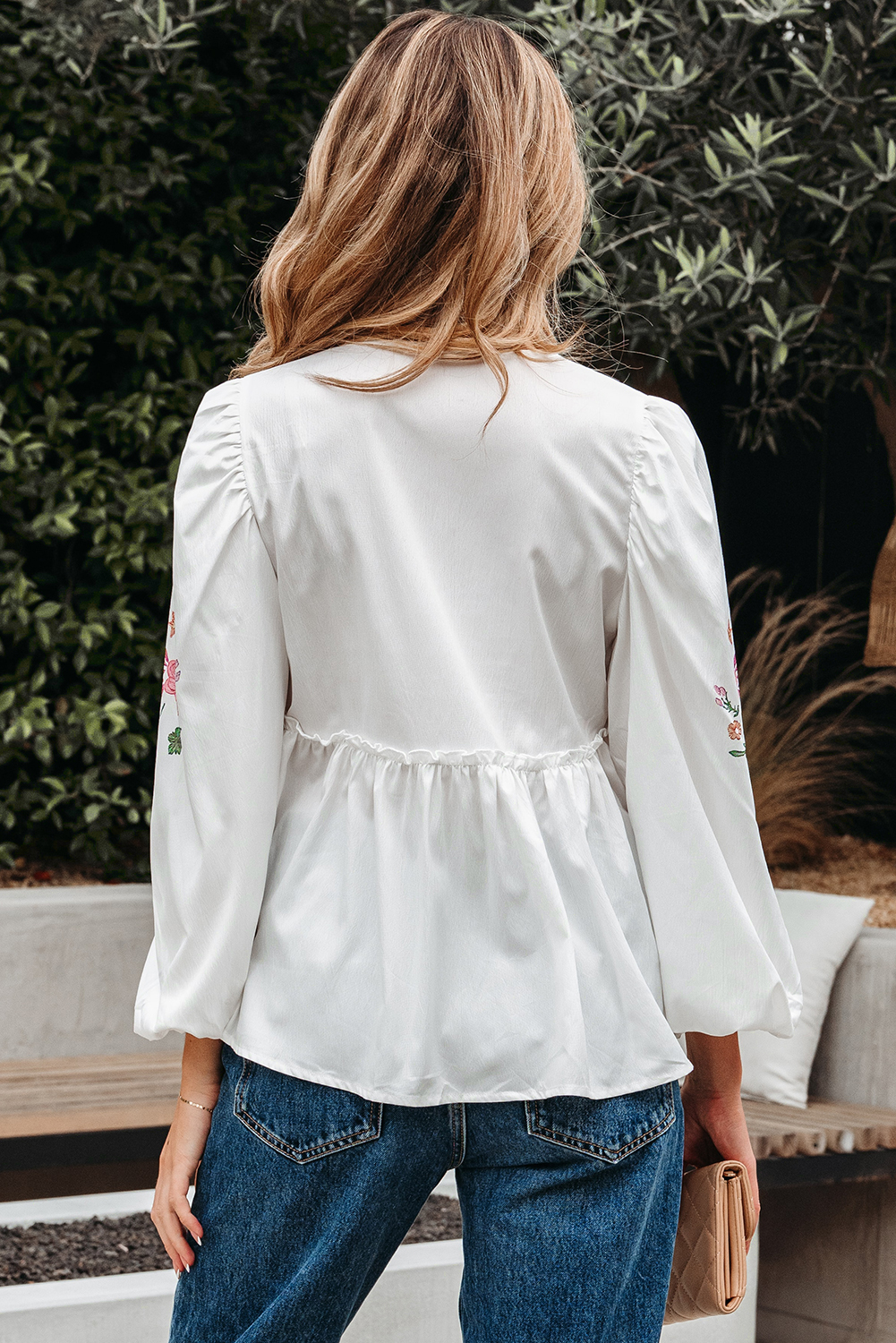 White Flower Print Lace-up V Neck Babydoll Blouse - loveforevers