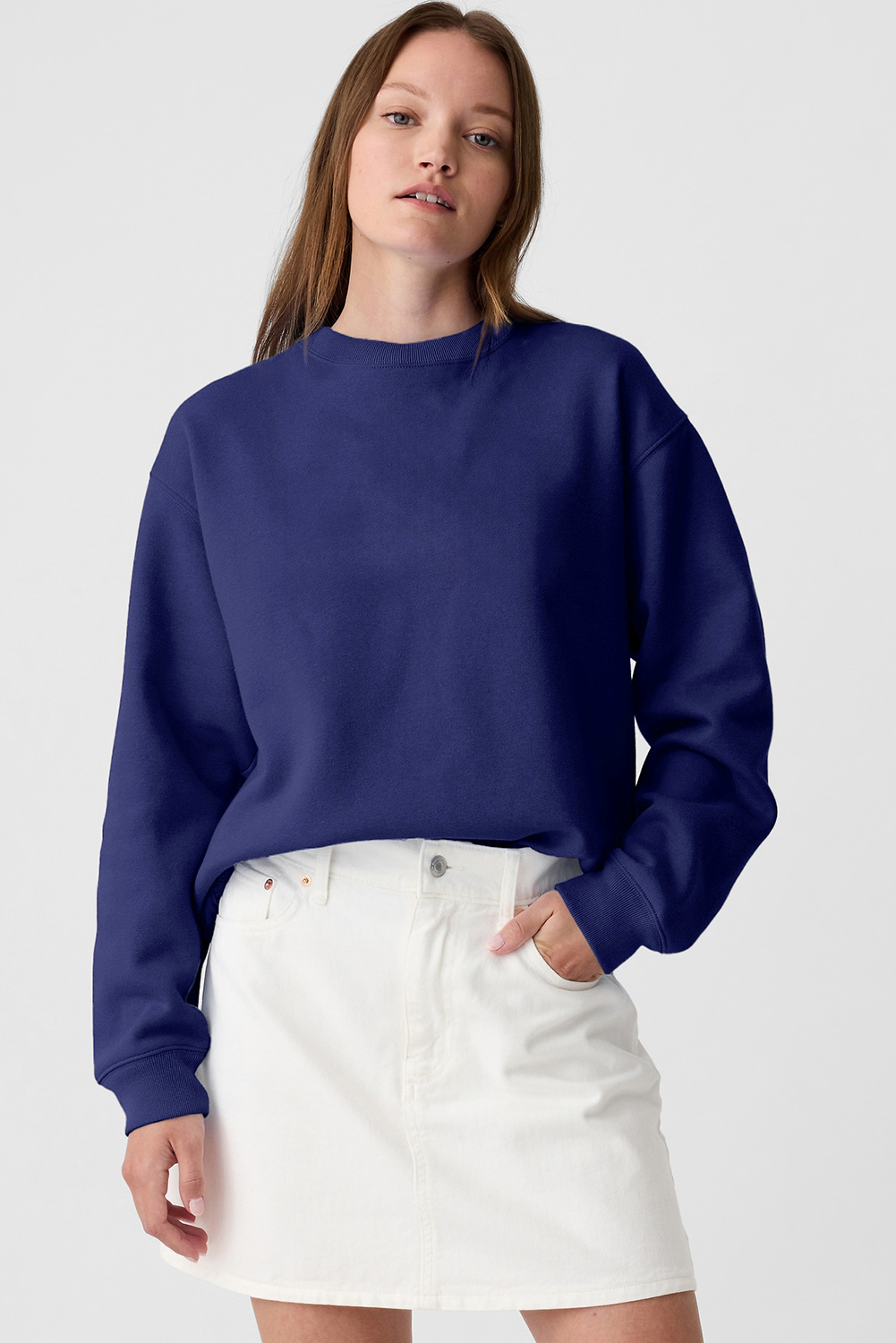 Navy Blue Plain Drop Shoulder Crewneck Pullover Sweatshirt - loveforevers