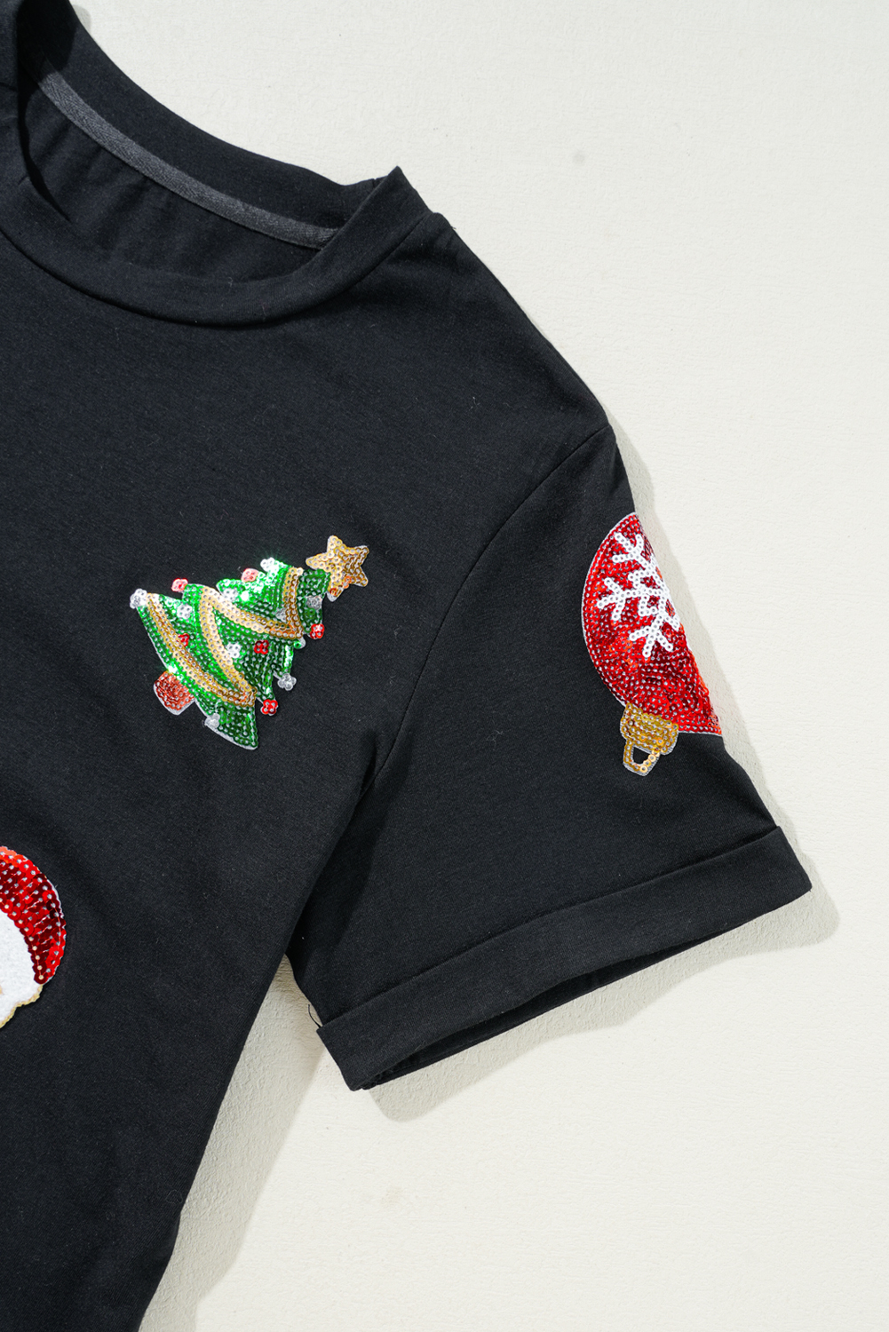 Black Sequin Christmas Essentials Graphic Crewneck T Shirt - loveforevers