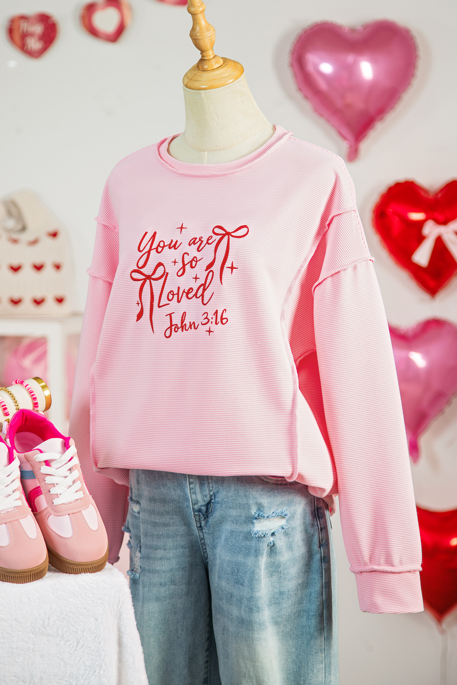Pink you are so loved Valentines Day Bow Embroidered Graphic Pullover Top - loveforevers