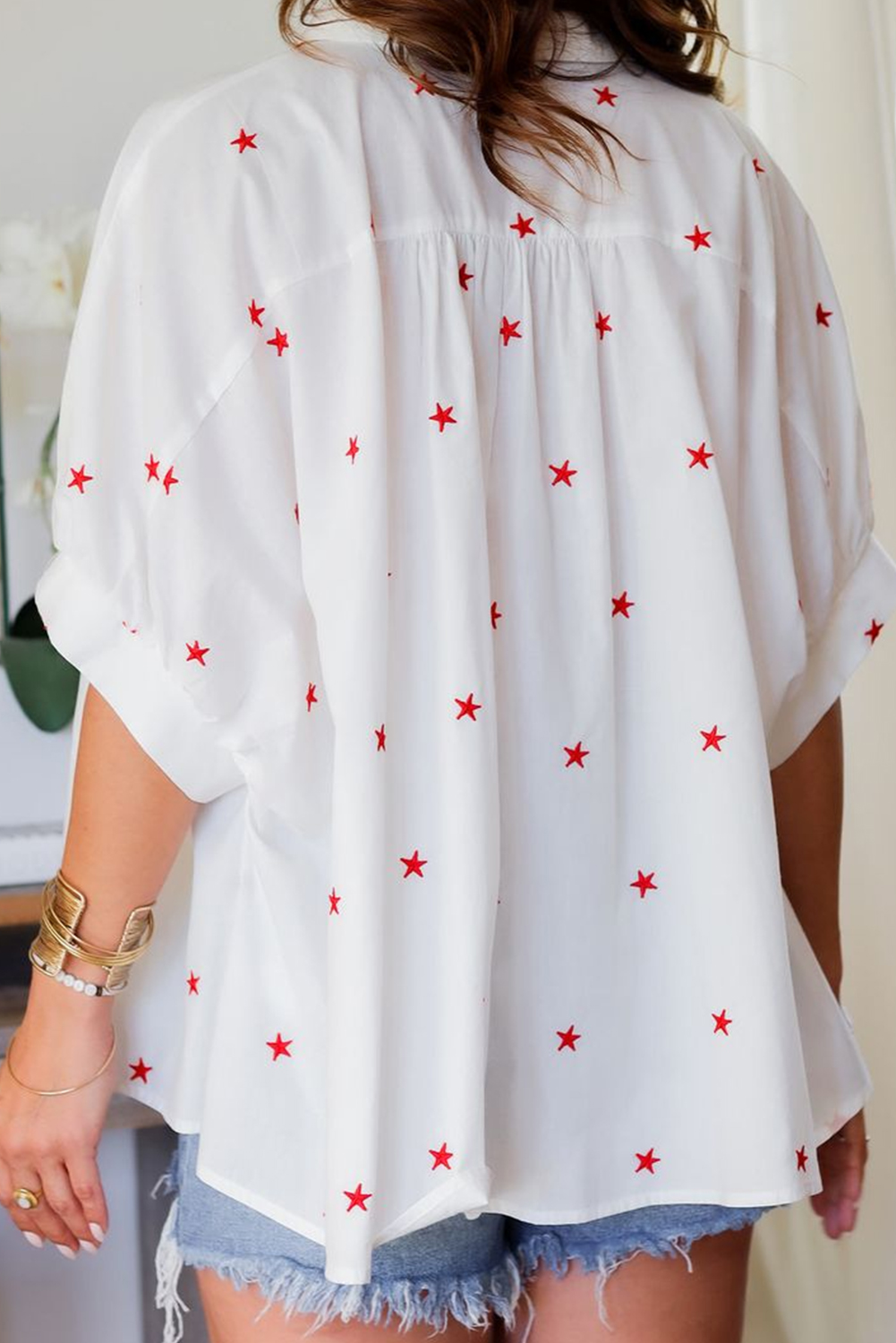 White Little Stars Printed Loose Half Sleeve Loose Shirt - loveforevers