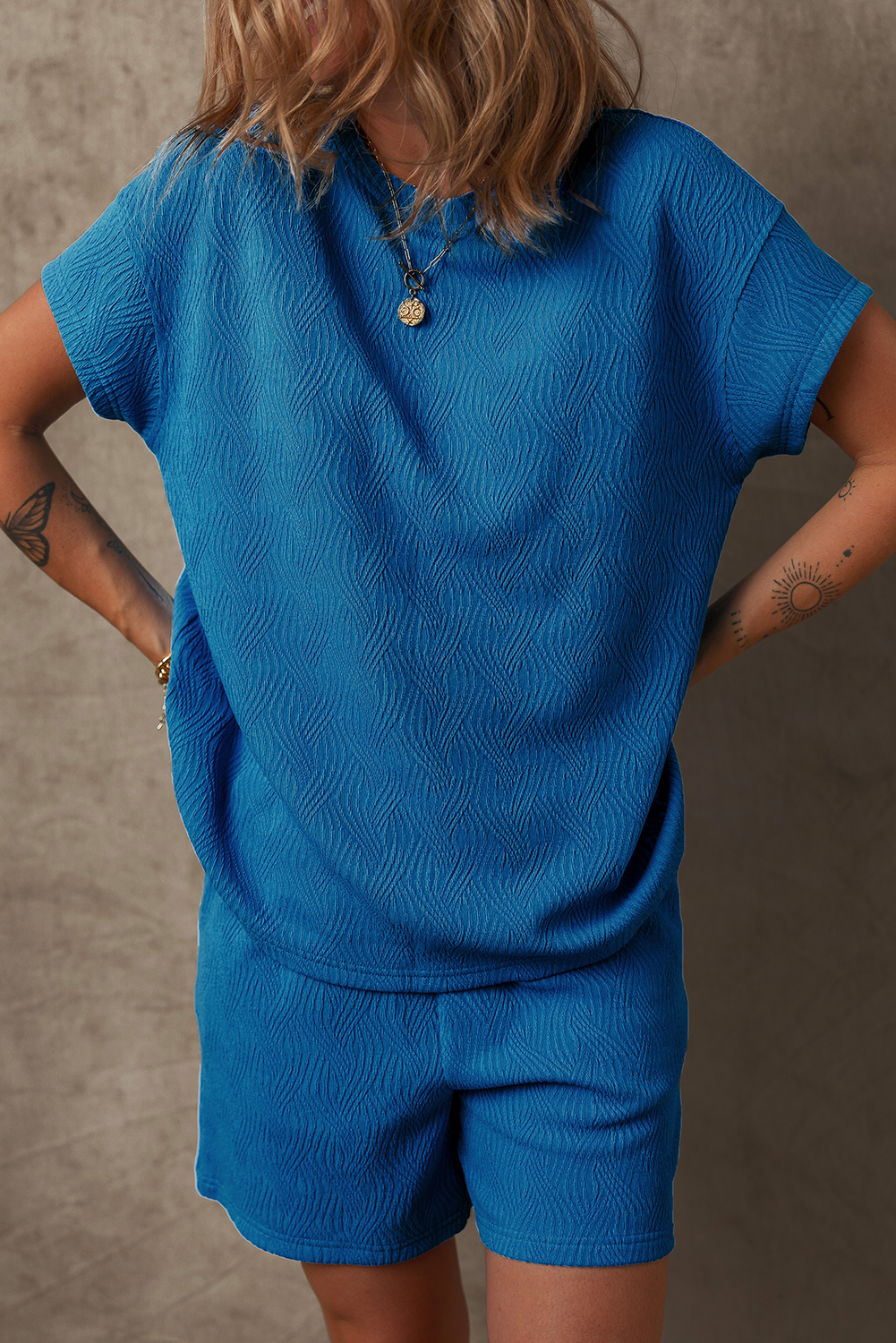 Bluing Solid Textured Crew Neck Short Set - loveforevers