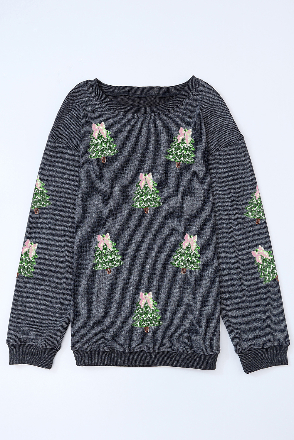 Gray Ribbed Round Neck Sequin Christmas Tree Patched Baggy Sweatshirt - loveforevers