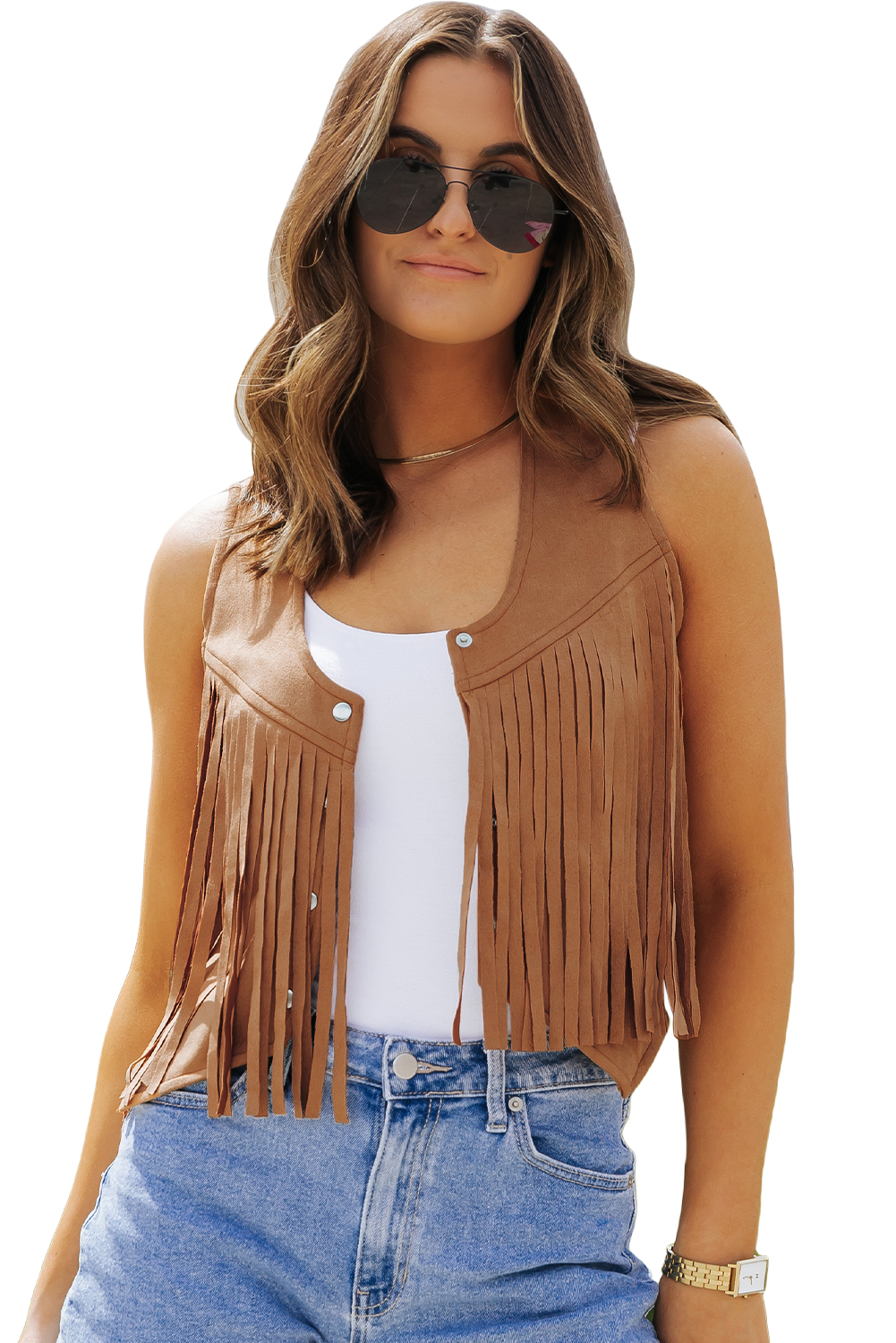 Camel Fringed Snap Button Front Suedette Vest - loveforevers