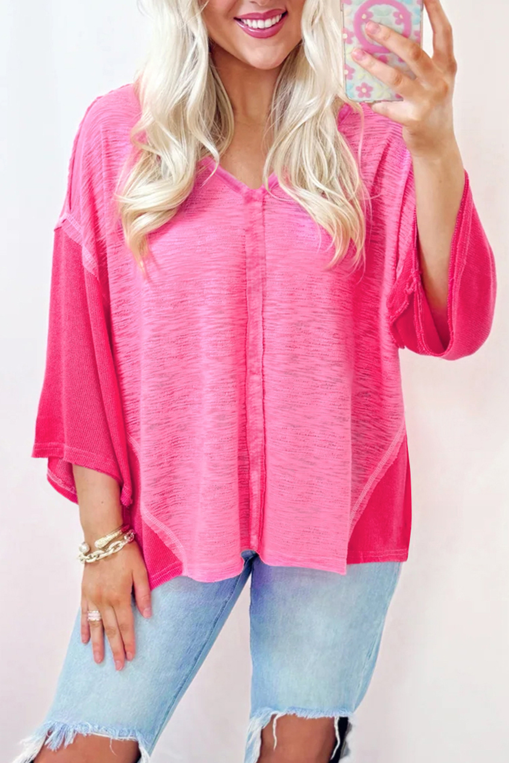 Sachet Pink Contrast Patchwork 3/4 Sleeve V Neck Loose Blouse - loveforevers