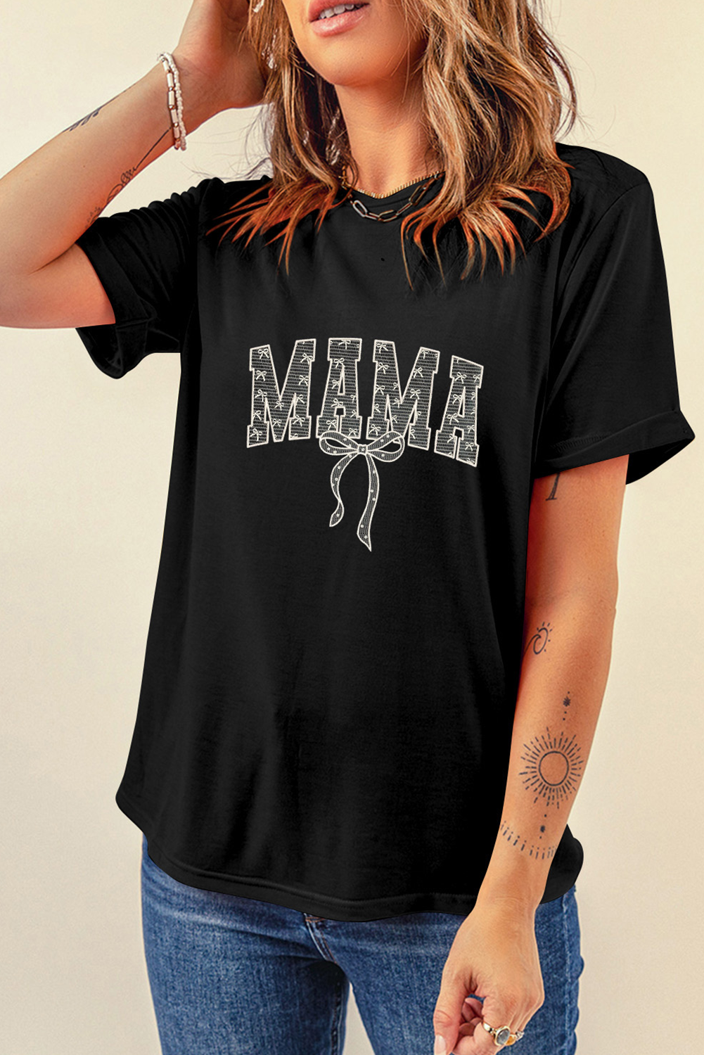 Black Bowknot MAMA Embroidered Crewneck Mothers Day T Shirt - loveforevers