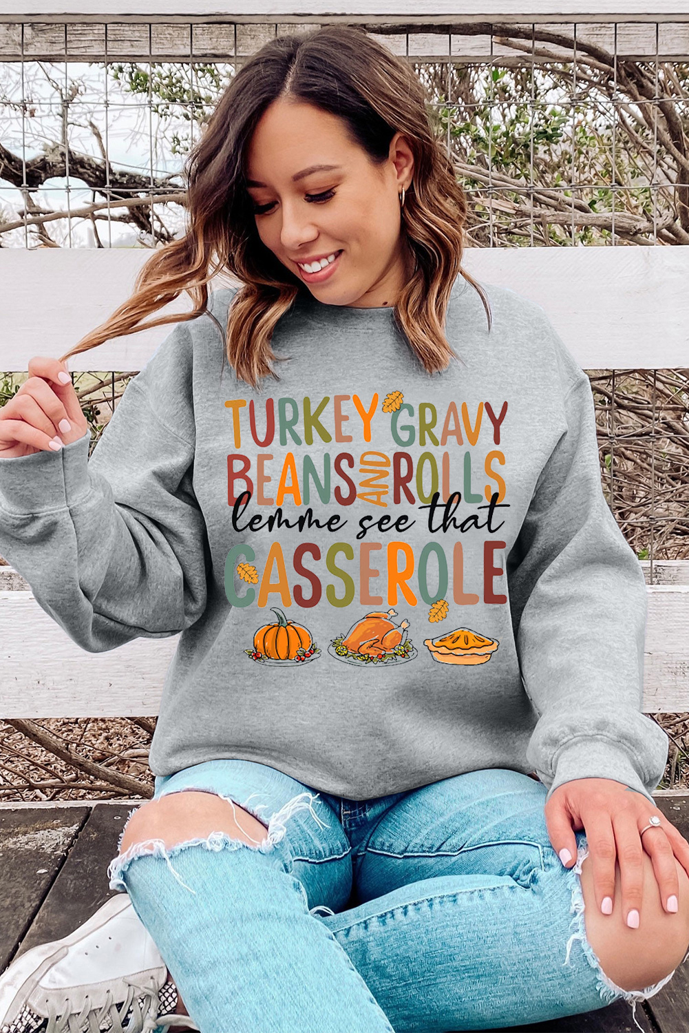 Gray Thanksgiving Slogan Pumpkin Turkey Pie Graphic Sweatshirt - loveforevers
