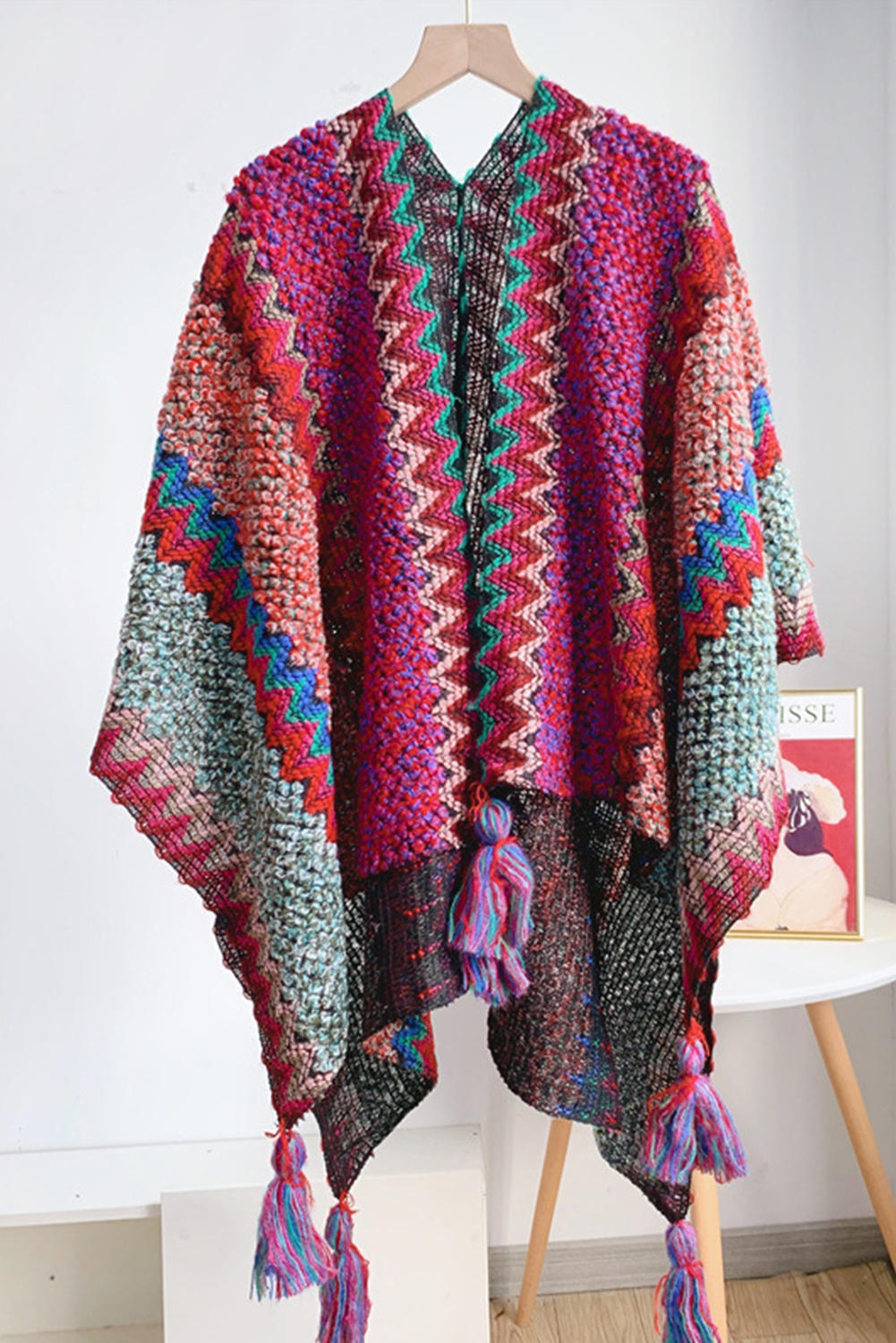 Rose Red Ethnic Knit Shawl Wrap Cape Sweater Thickened Tassel Poncho Cloak - loveforevers