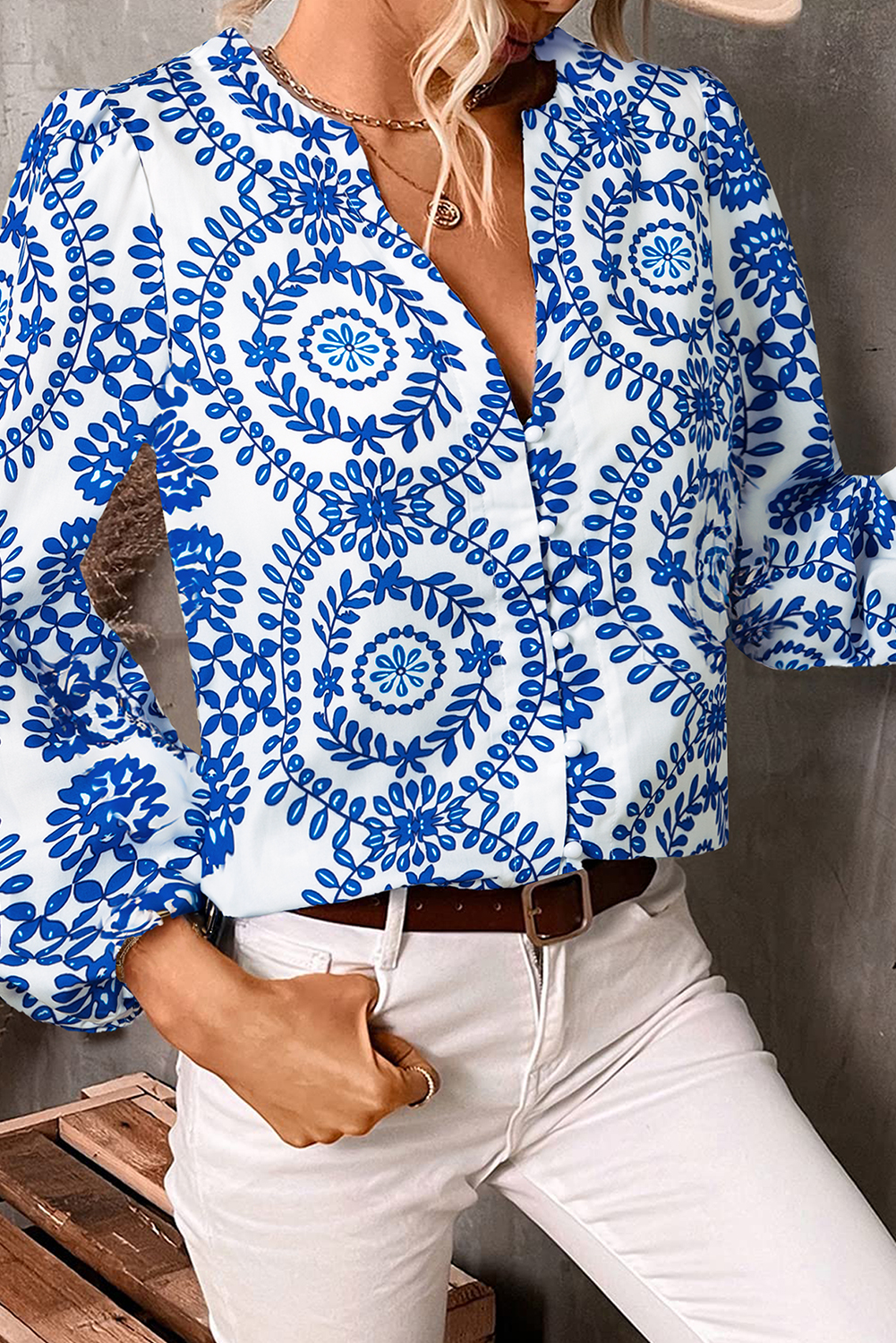Sky Blue Vintage Geometric Printed Puff Sleeve Slit V Neck Shirt - loveforevers