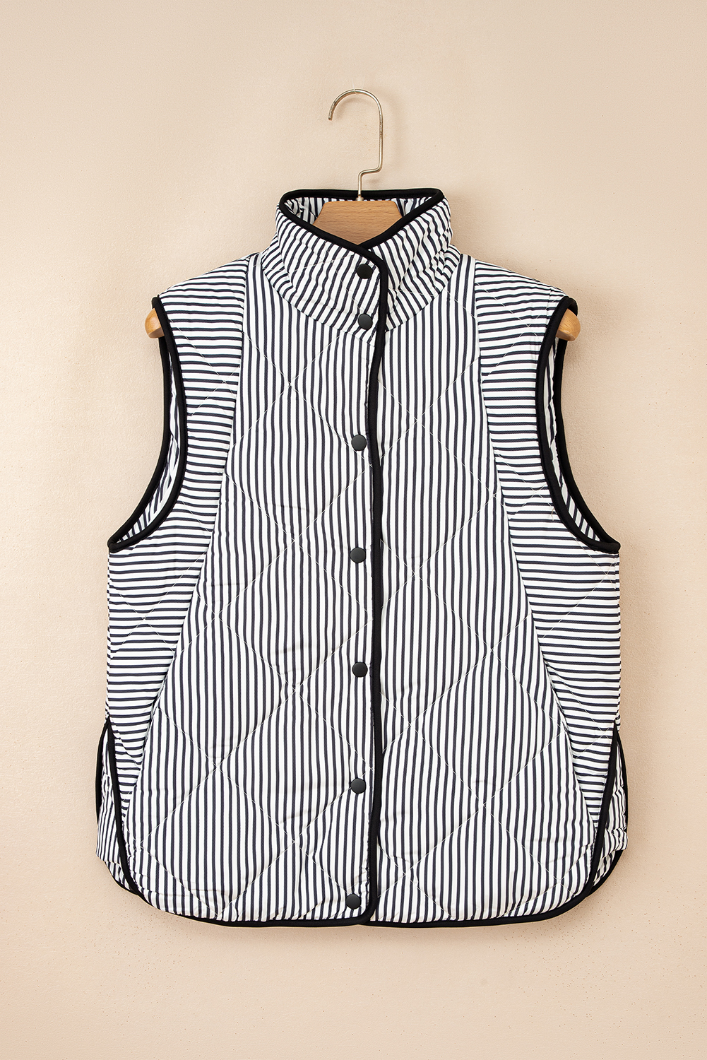 Black Stripe Contrast Trim Snap Button Collared Winter Vest - loveforevers