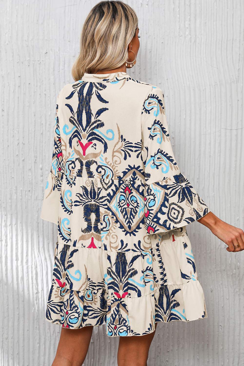 White Printed Tribal Bracelet Sleeve Buttoned Mini Dress - loveforevers