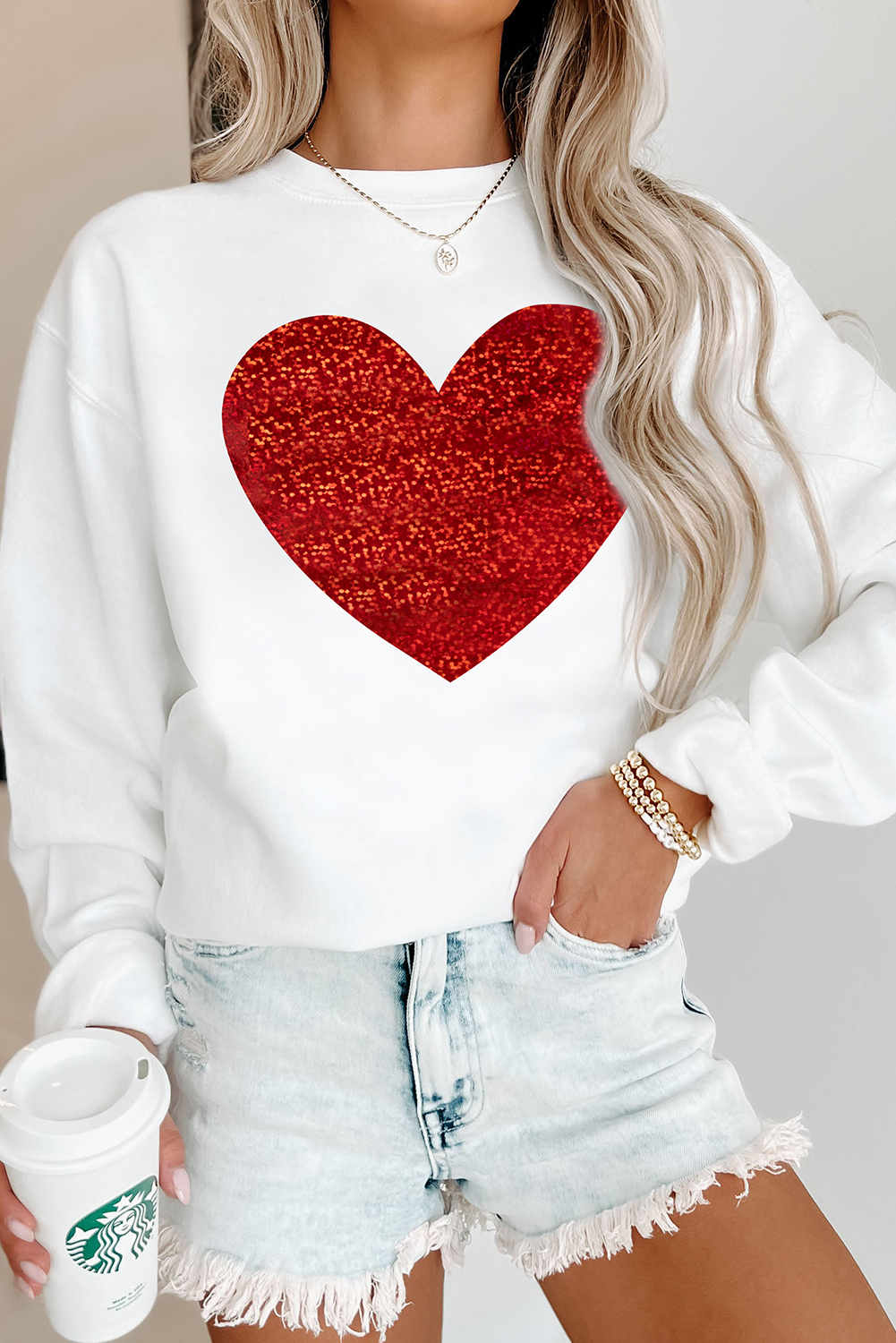 Beige Glitter Valentine Heart Shape Graphic Sweatshirt - loveforevers