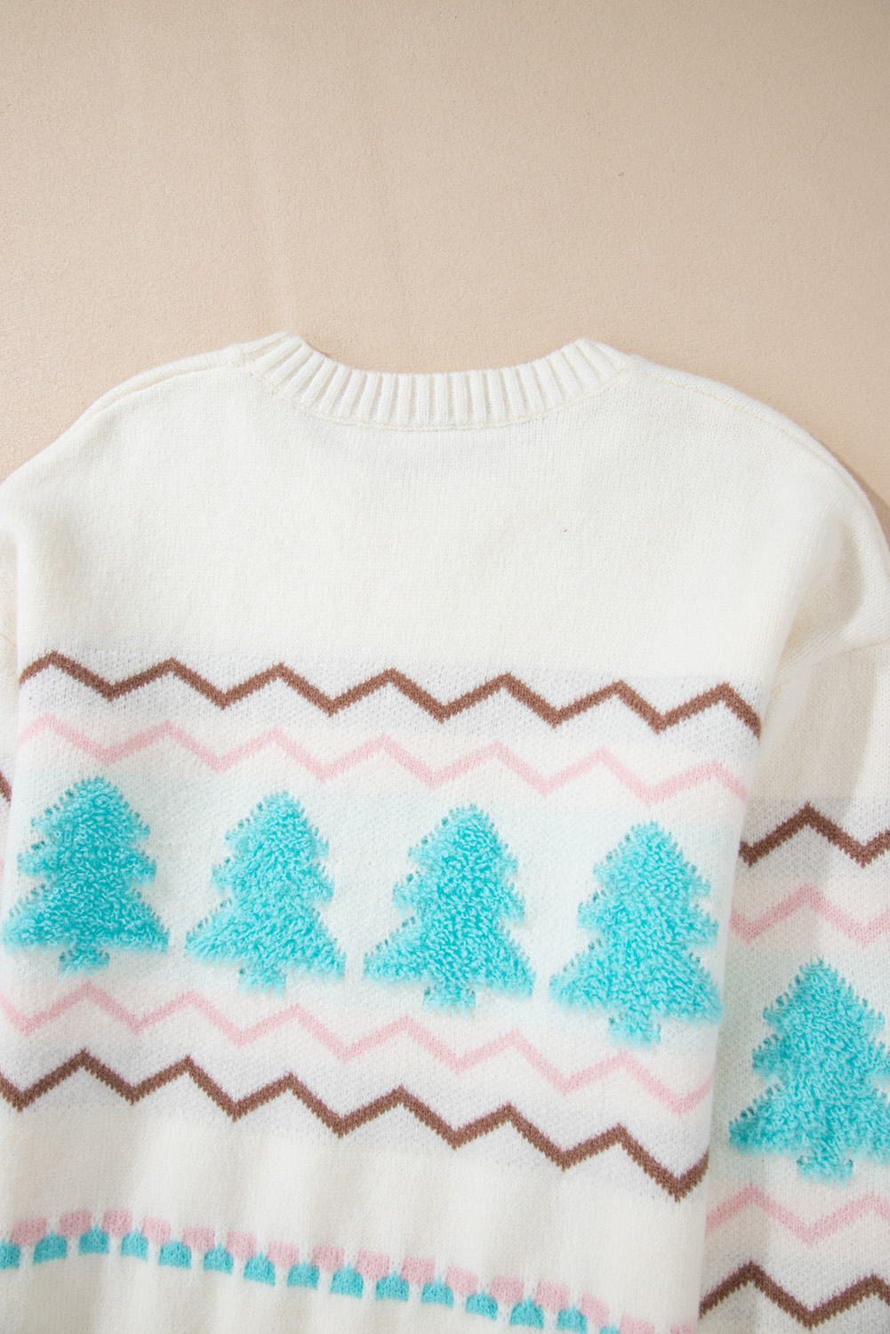White Striped Christmas Tree Ribbed Trim Drop Shoulder Sweater - loveforevers