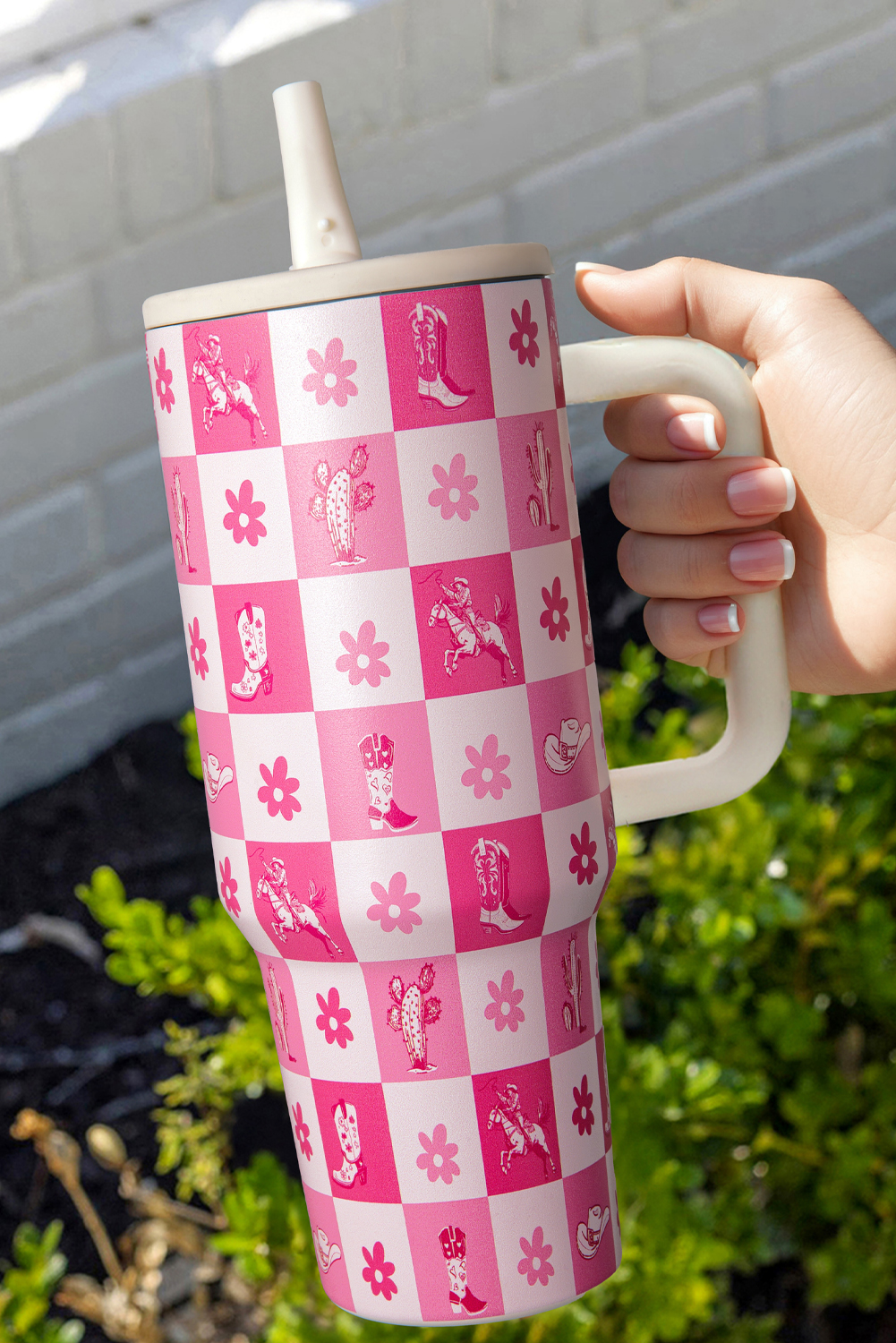 Rose Red Western Pattern Flower Checkered Print Insulated Tumbler 40OZ - loveforevers