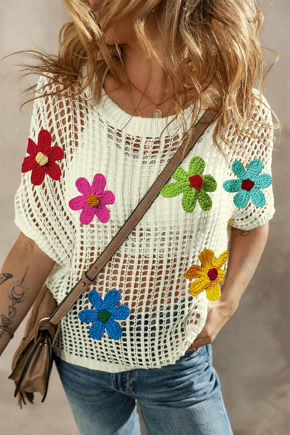 Light French Beige Crochet Flower Hollow-out Sweater T Shirt - loveforevers