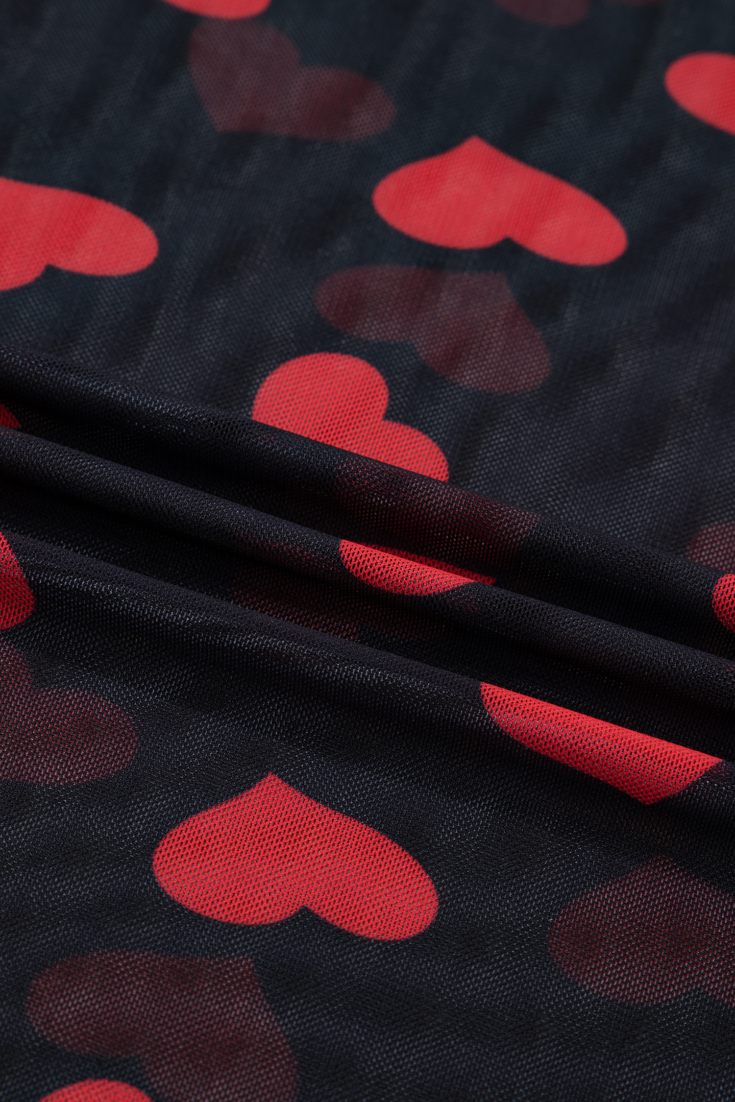 Black Valentines Heart Printed Sheer Mesh Long Sleeve Top - loveforevers