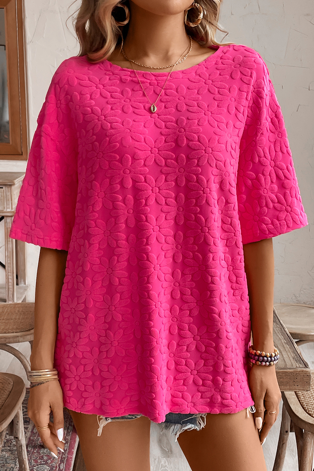 Rose Red Daisy Flower Jacquard Half Sleeve T Shirt - loveforevers