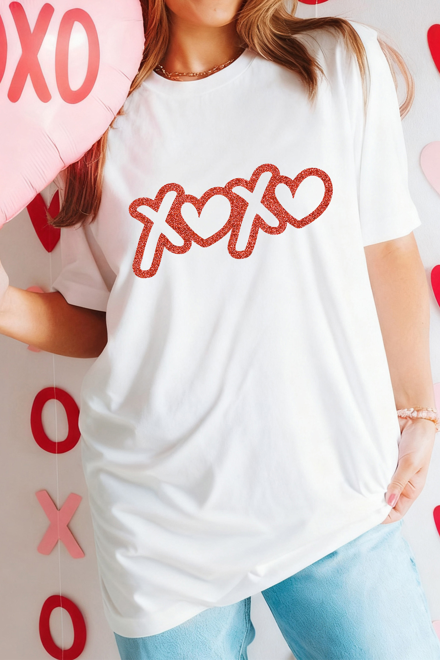 White XOXO Foil Glitter Print Valentines Day T Shirt - loveforevers