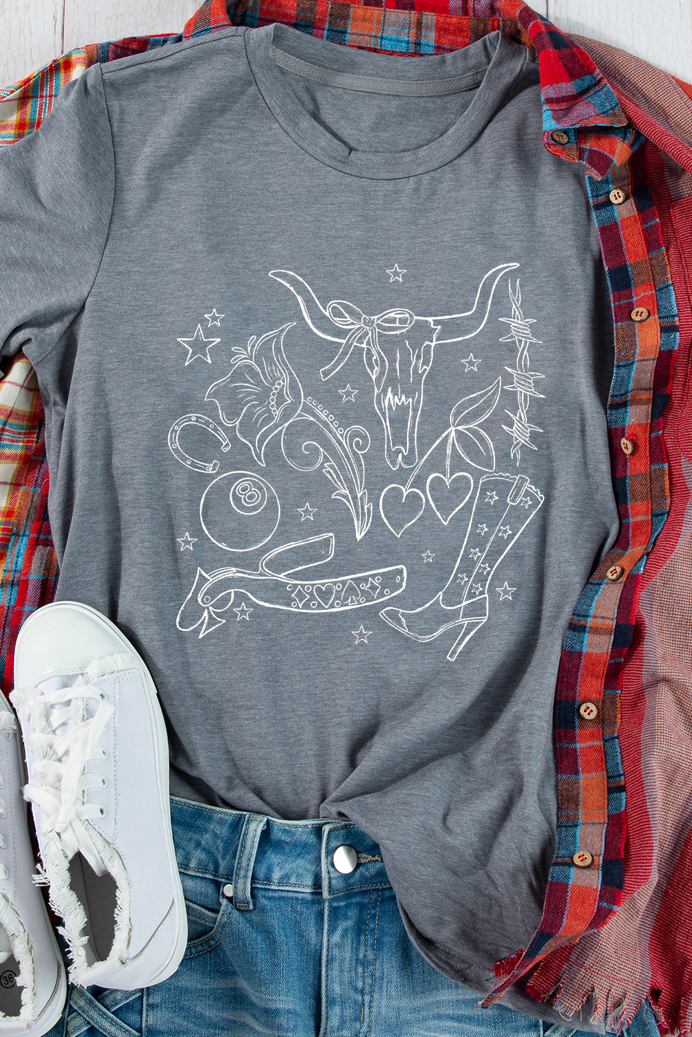 Gray Cowgirl Boots OX Head Western Fashion Print Crewneck Tee - loveforevers