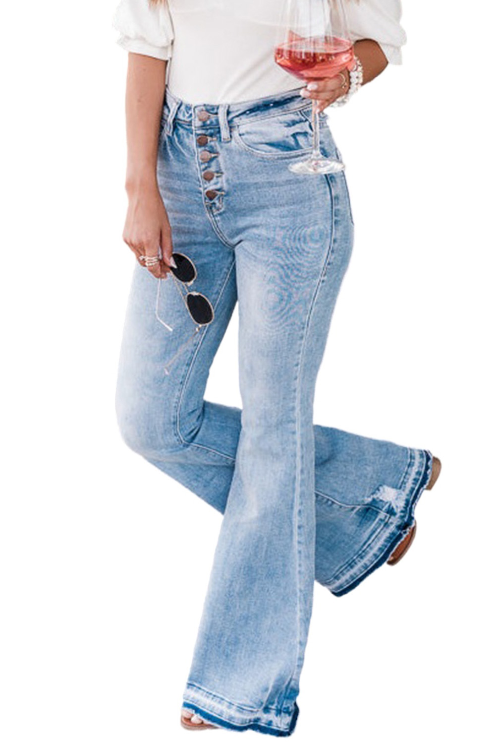 Sky Blue High Waist Buttoned Distressed Flared Jeans - loveforevers