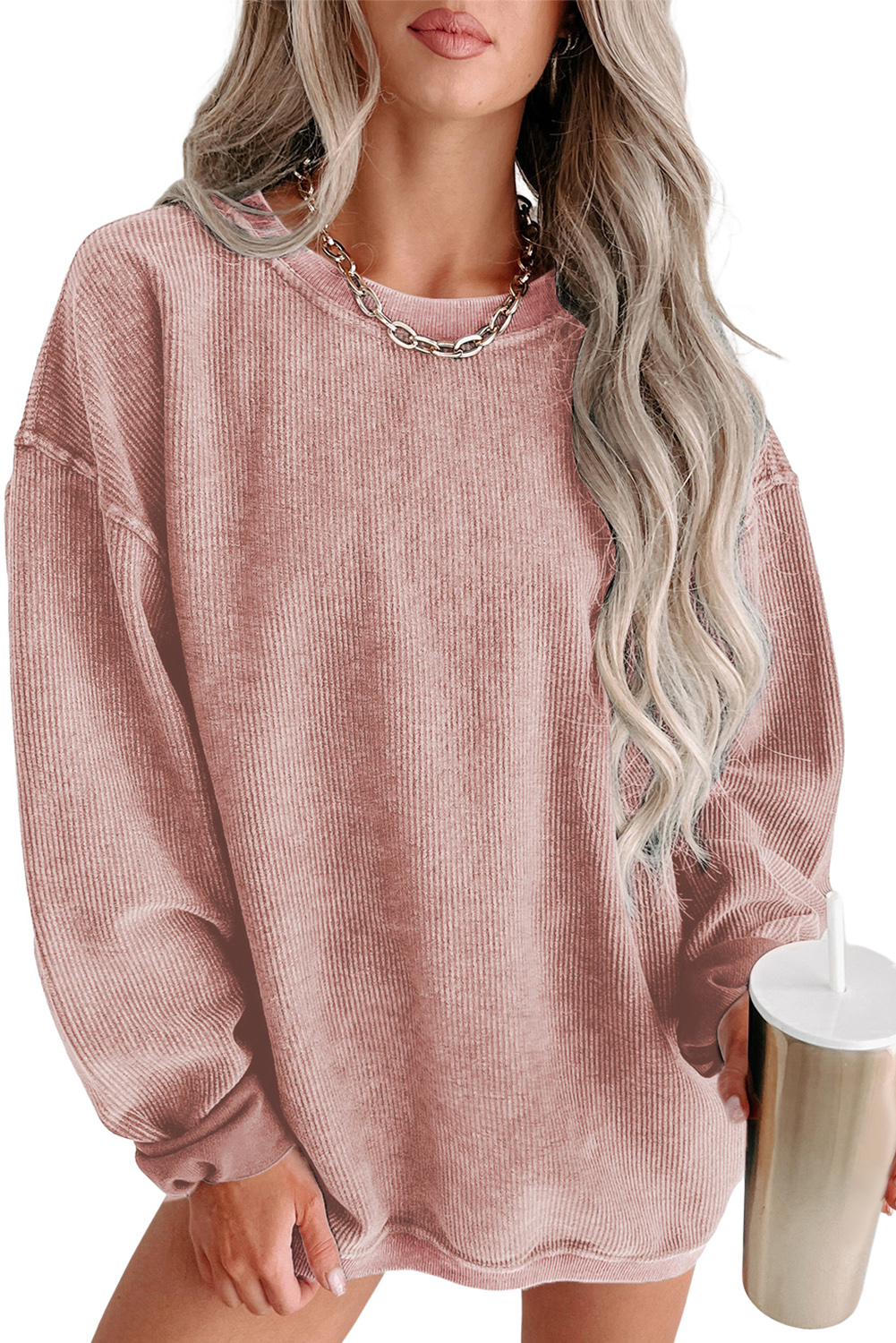 Pink Solid Ribbed Knit Round Neck Pullover Sweatshirt - loveforevers