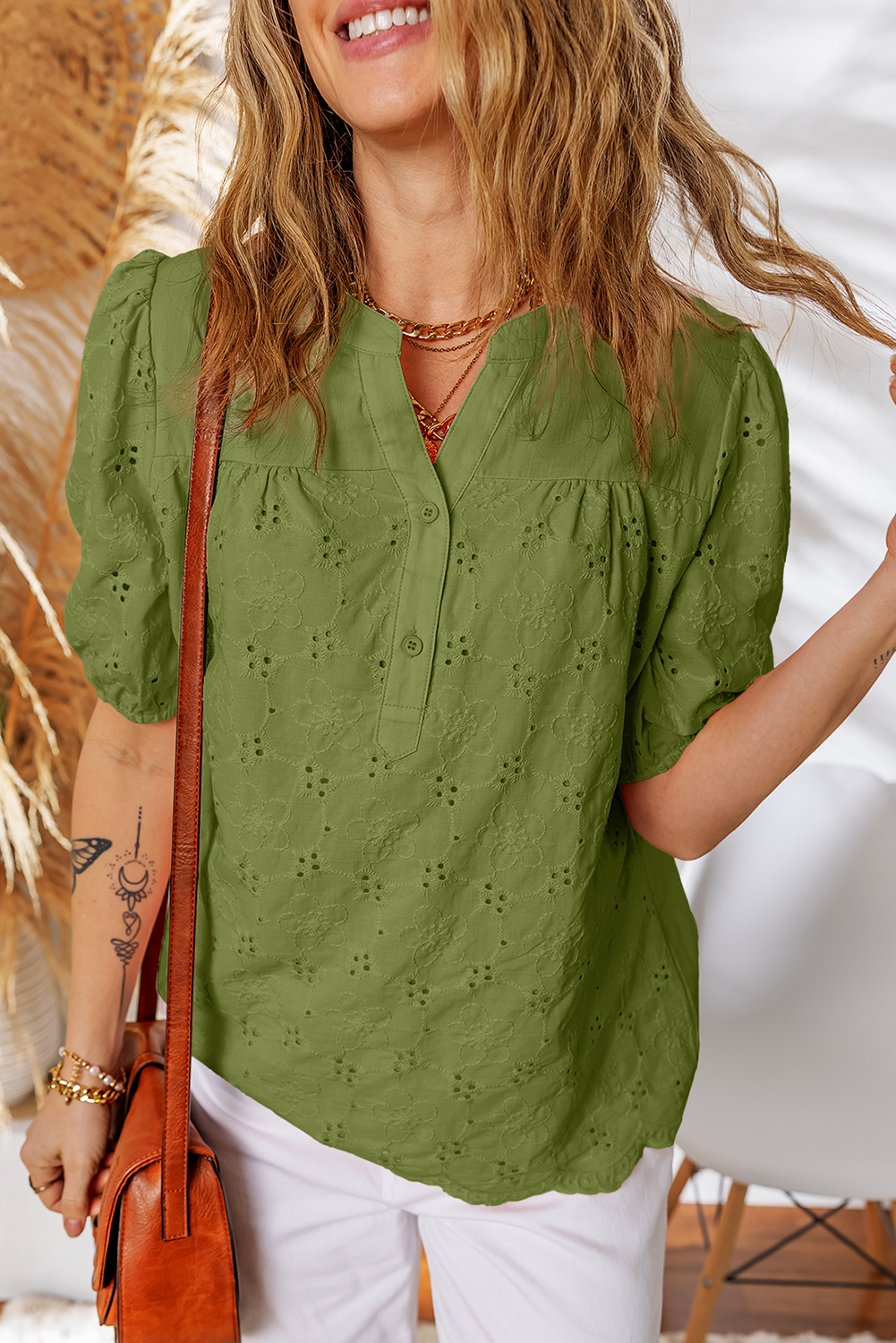 Vineyard Green Lace Crochet V Neck Half Sleeve Embroidery Button Down Blouses Casual Shirts - loveforevers