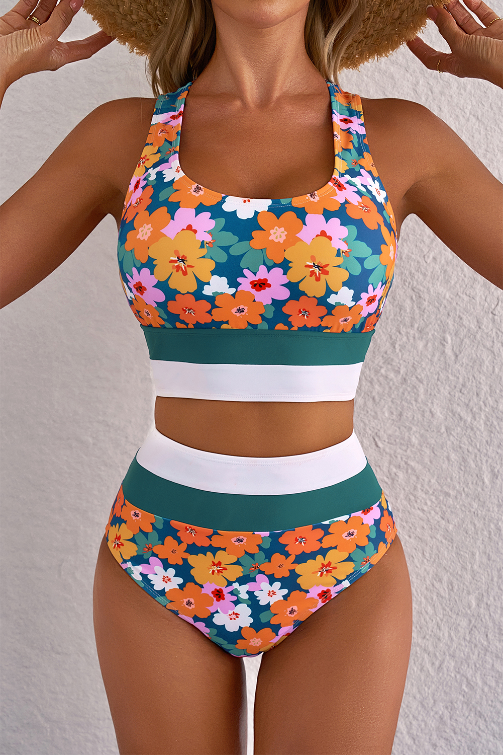 Dearlove Green Floral Print Racerback Cutout High Waist 2pcs Bikini - loveforevers