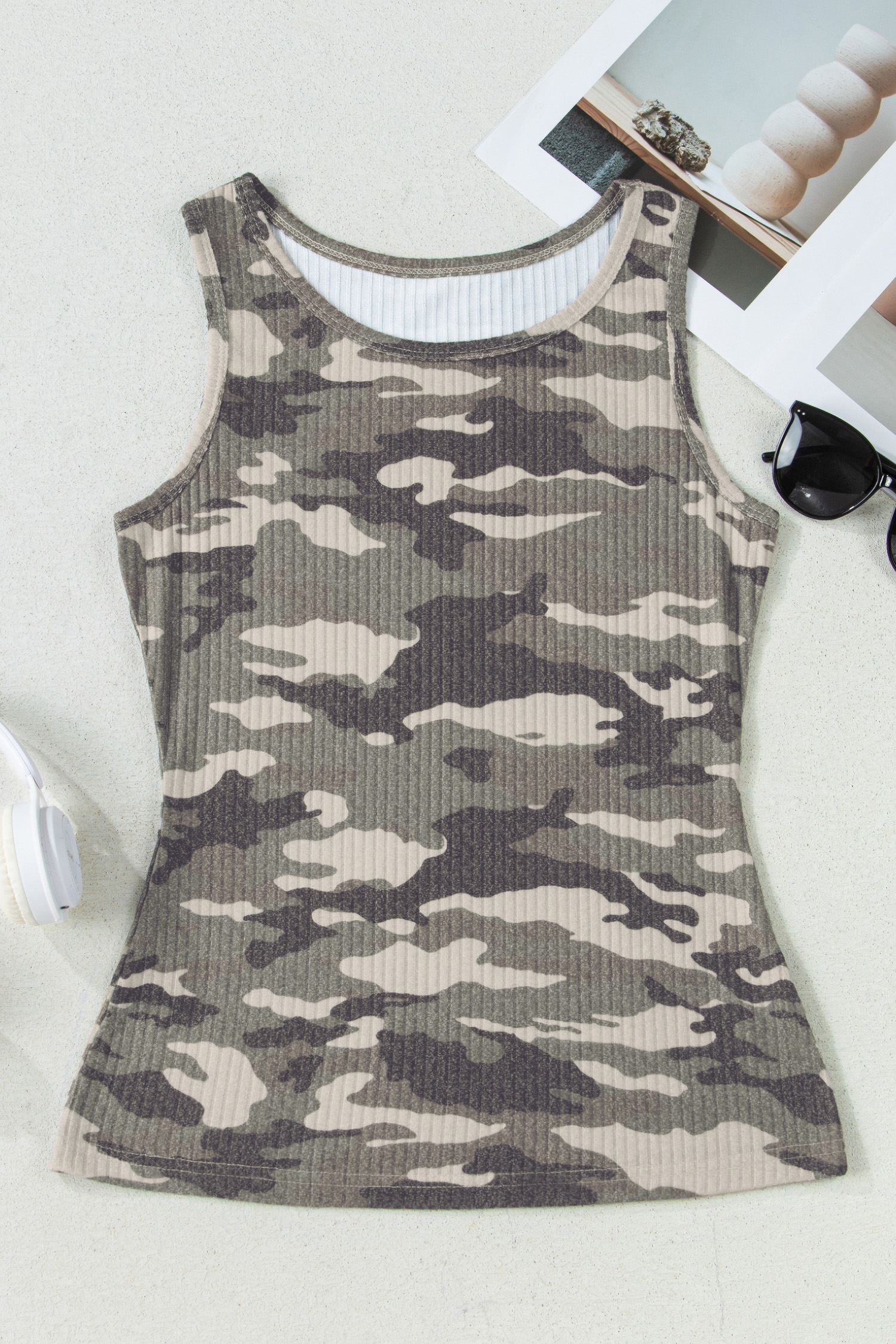 Gray Camouflage Print Ribbed Knit Round Neck Tank Top - loveforevers