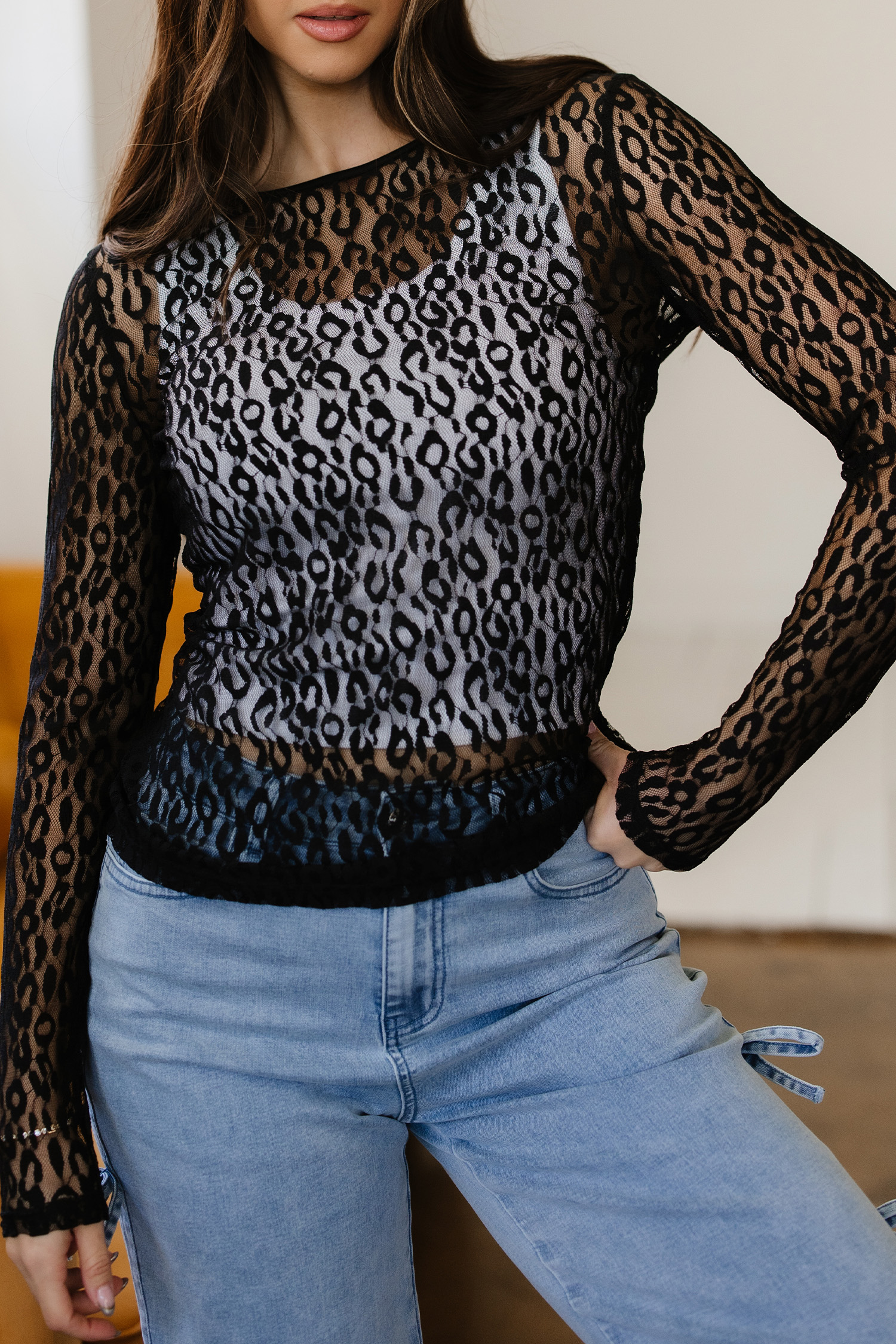 Black Leopard Pattern Sheer Mesh Long Sleeve Top - loveforevers