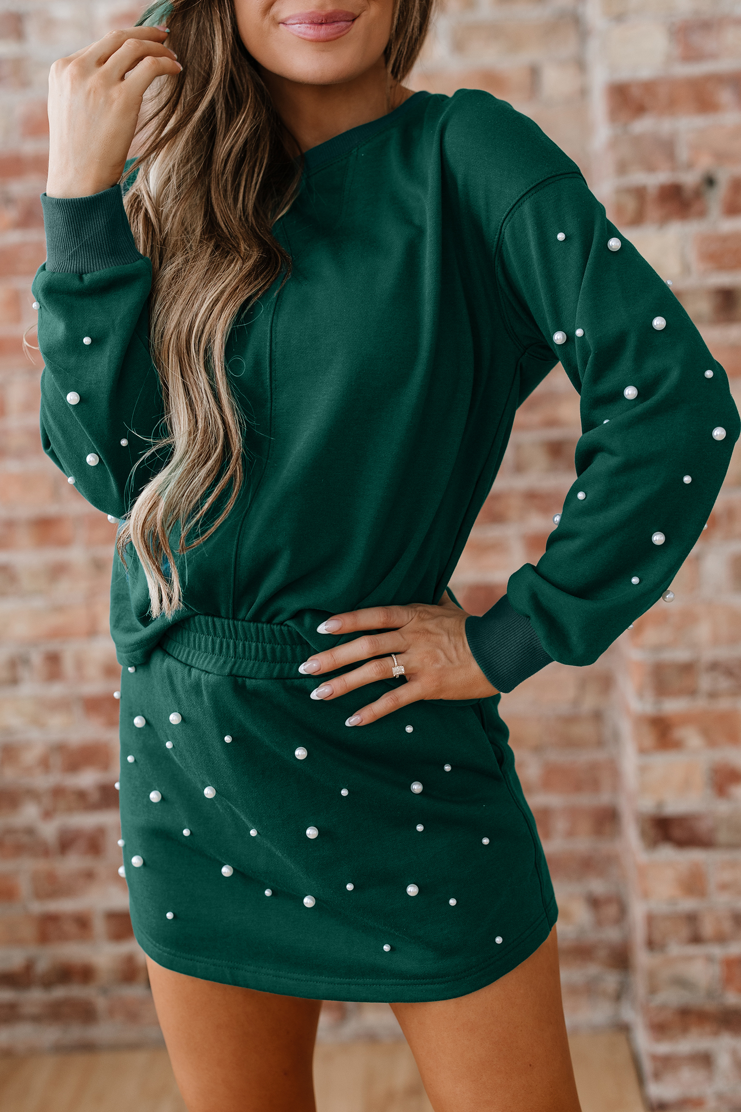Dark Green Pearl Embellished Drop Shoulder Pullover Elastic Waist Mini Skirt Set - loveforevers