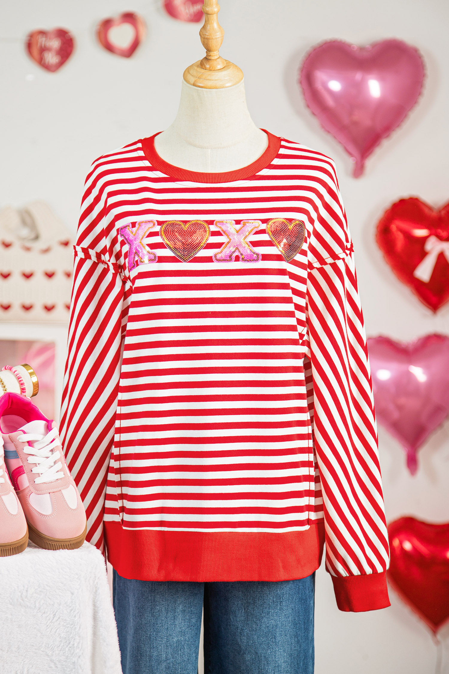 Red Stripe XOXO Sequin Heart Patched Valentines Day Long Sleeve Top - loveforevers