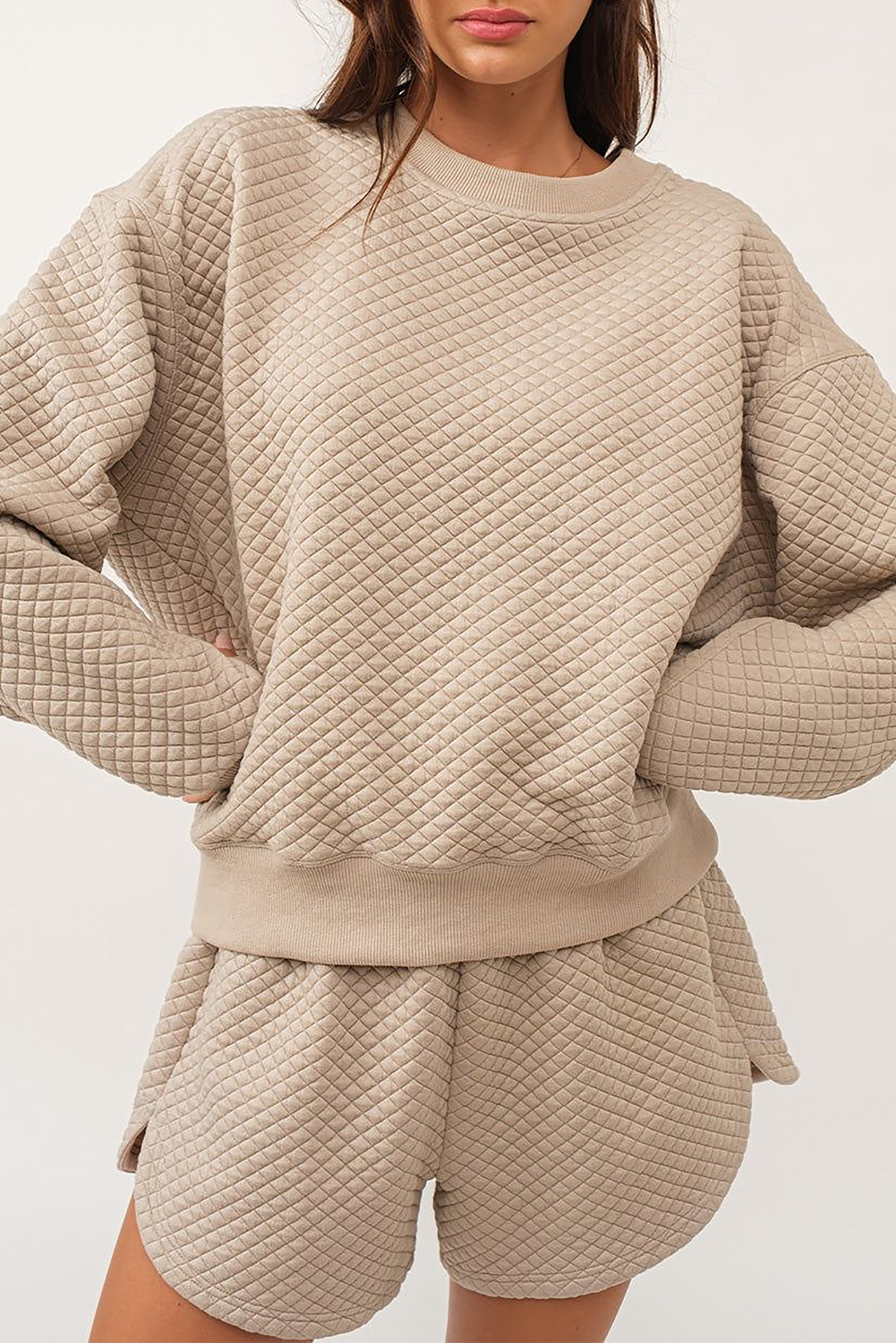 Parchment Solid Color Quilted Long Sleeve Top and Shorts Set - loveforevers
