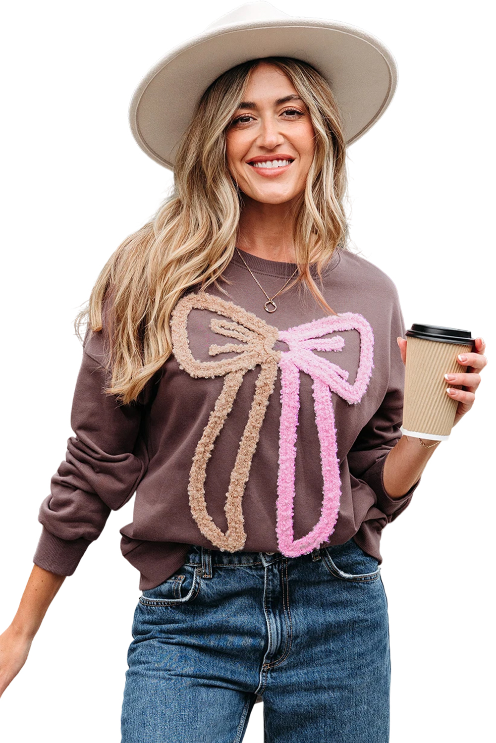 Dark Khaki Contrast Terry Bow Pattern Drop Shoulder Sweatshirt - loveforevers