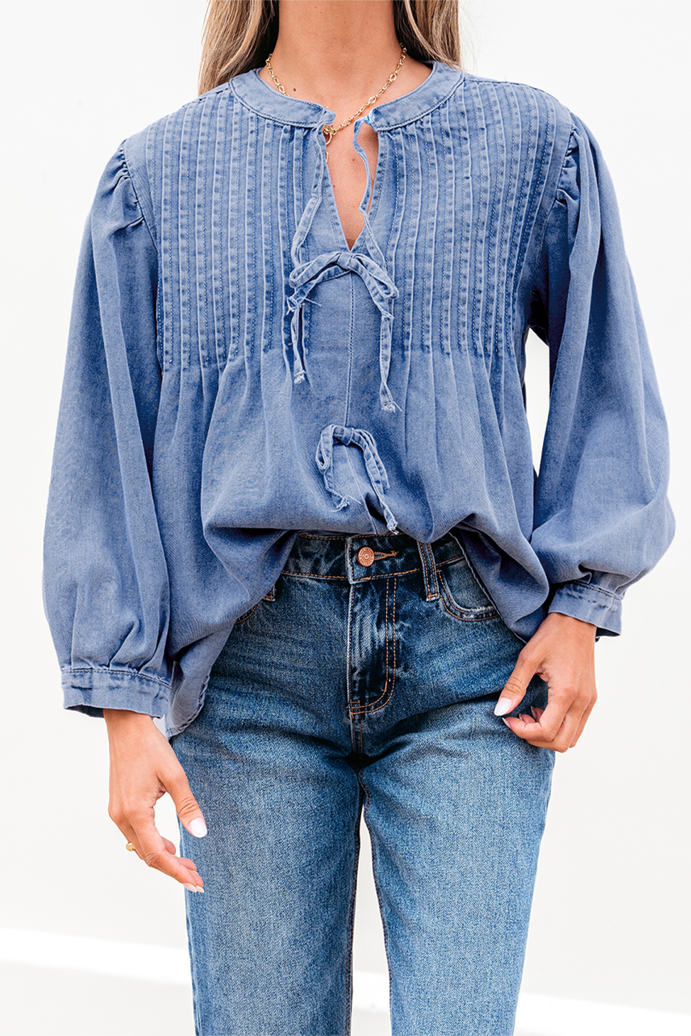 Myosotis Denim Front Pintuck Bow Tie Puff Sleeve Top - loveforevers