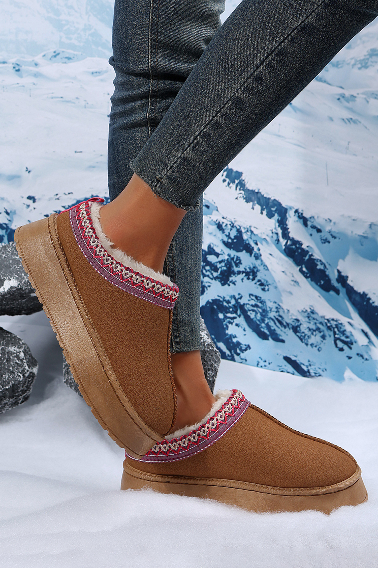 Chestnut Contrast Print Suede Plush Lined Snow Boots - loveforevers