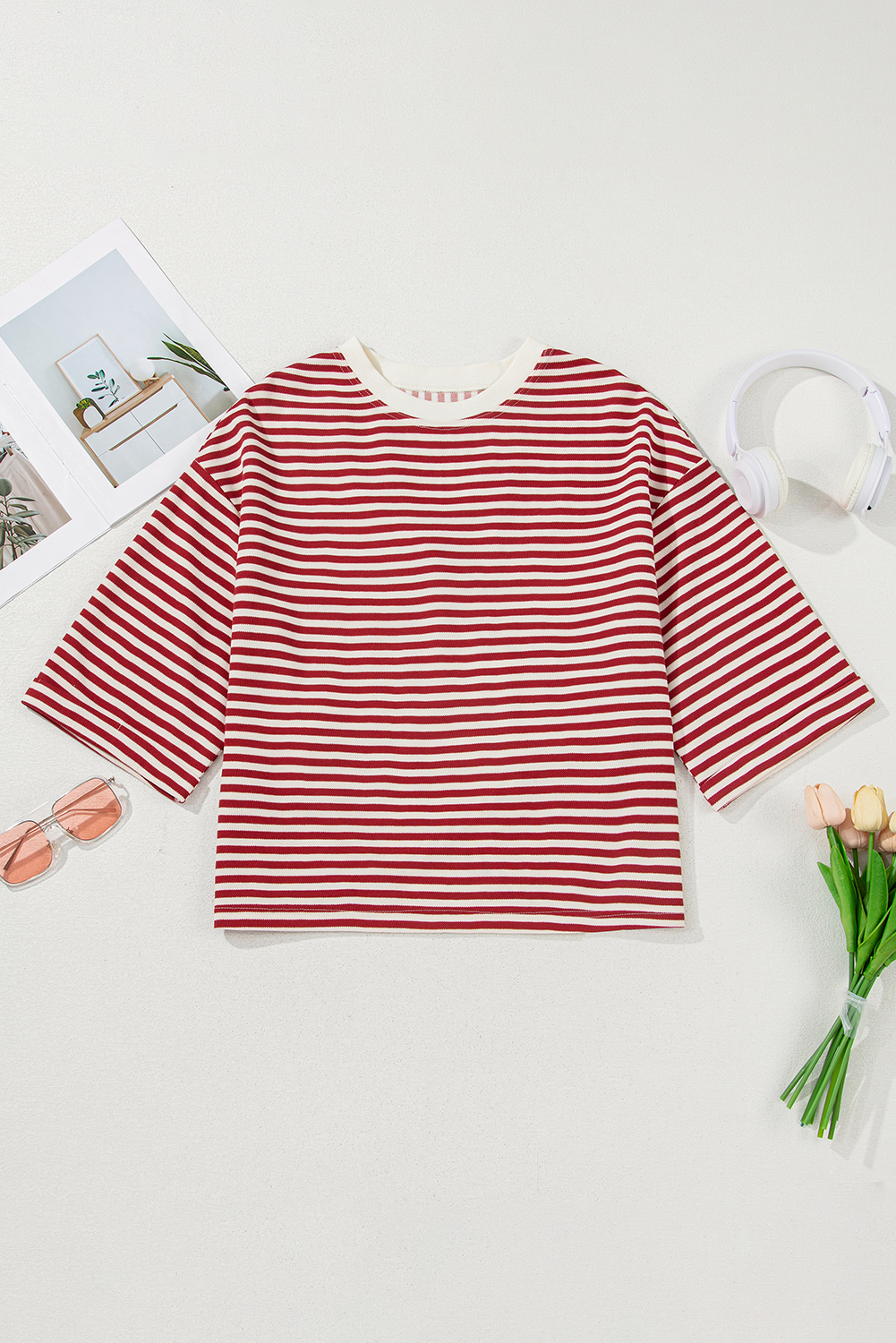 Red Stripe Bowknot Cutout Back Drop Shoulder Wide Bracelet Sleeve Loose Tee - loveforevers
