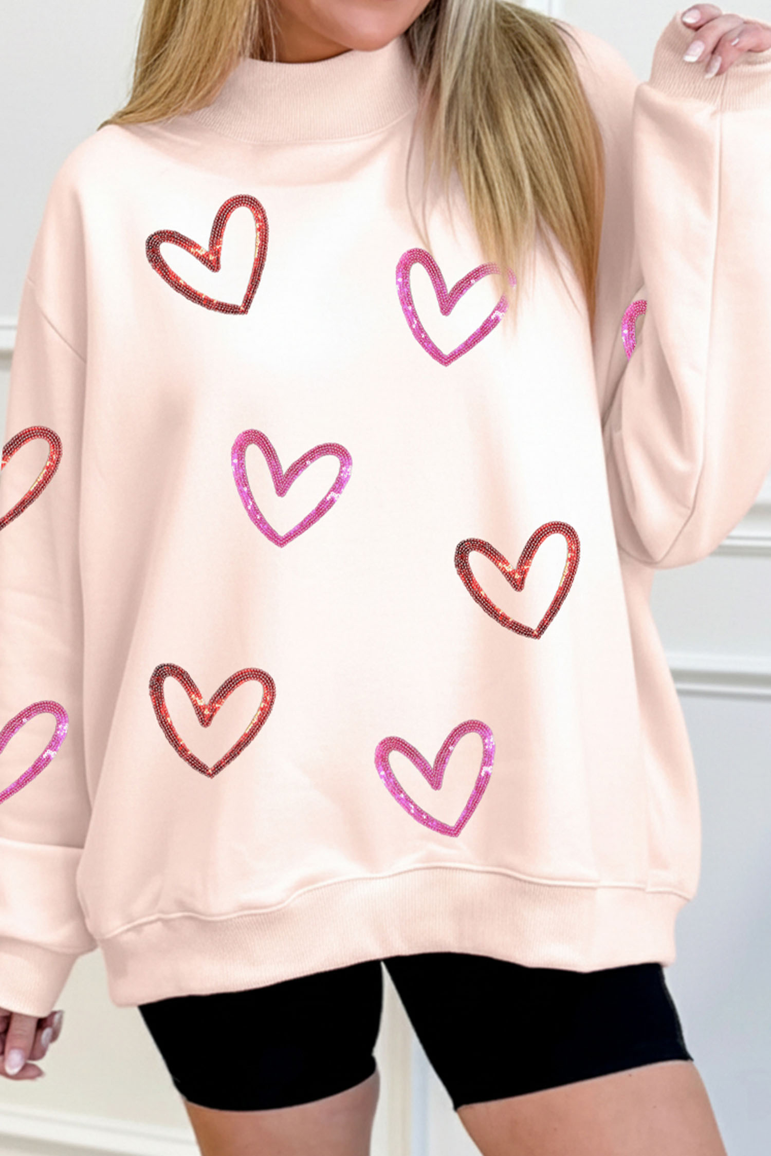 Apricot Pink Sequin Heart Sketch Patched Mock Neck Sweatshirt - loveforevers