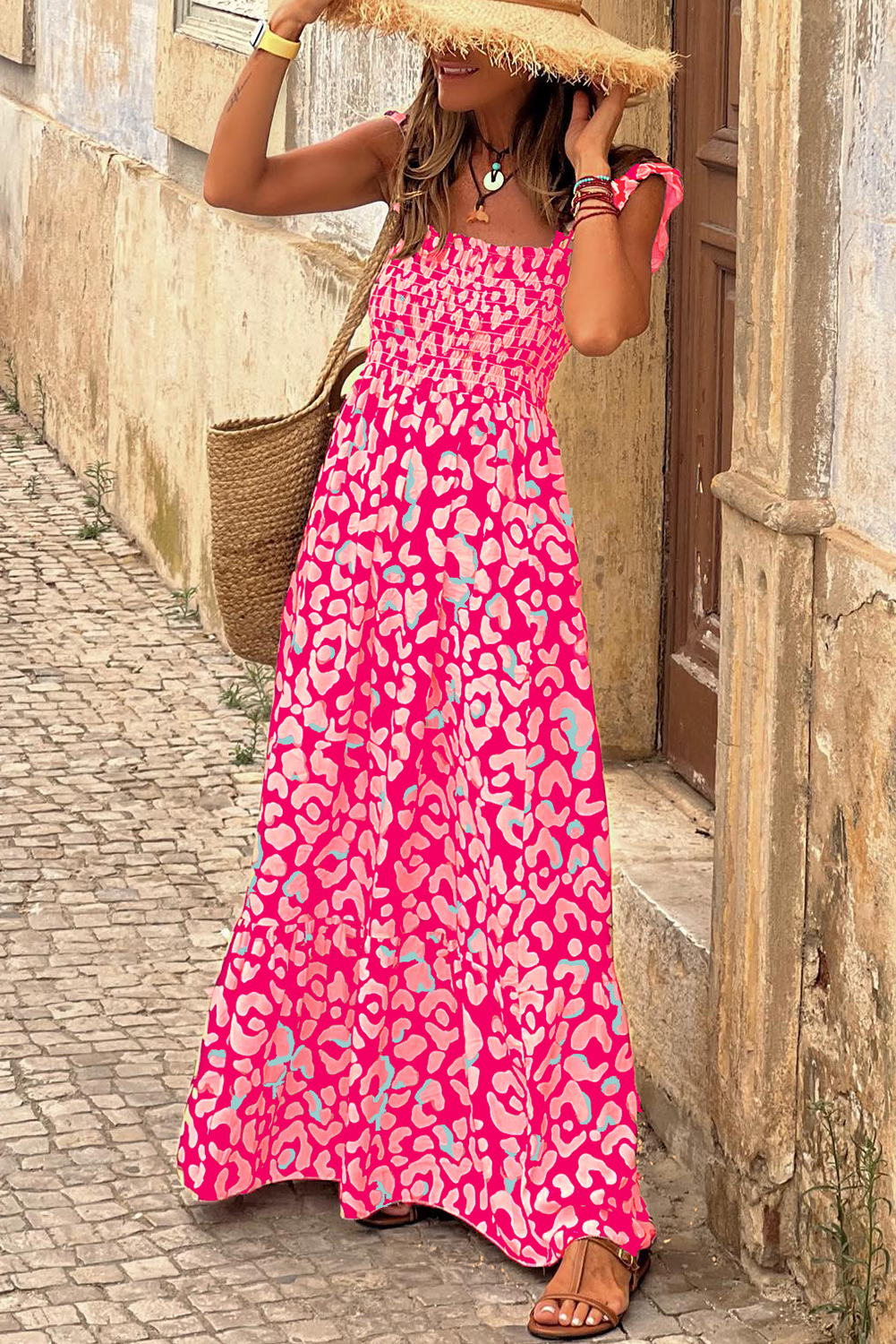 Pink Leopard Ruffle Straps Smocked High Waist Long Dress - loveforevers