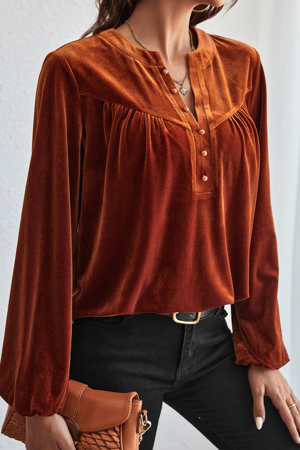 Gold Flame Lantern Sleeve Beaded Split V Neck Velvet Top - loveforevers