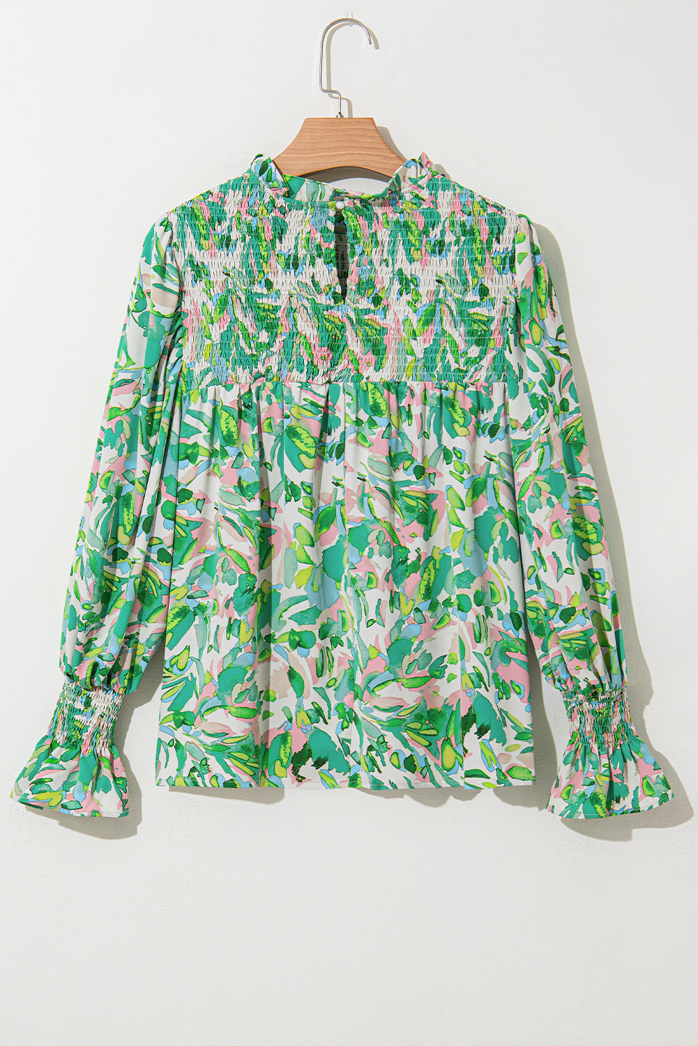 Green Leafy Printed Flounce Sleeve Shirred Mock Neck Blouse - loveforevers