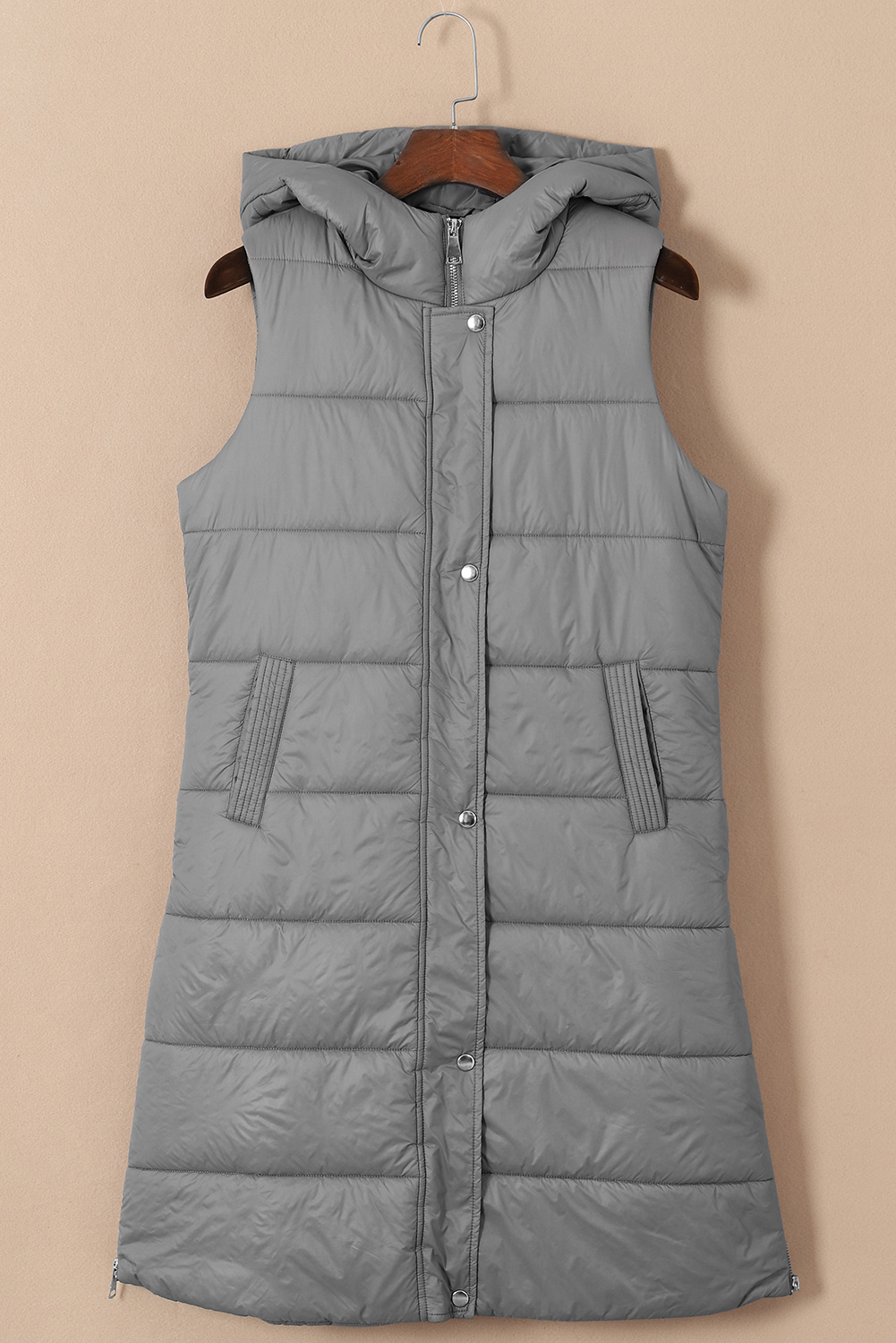 Dark Grey Hooded Long Quilted Vest Coat - loveforevers