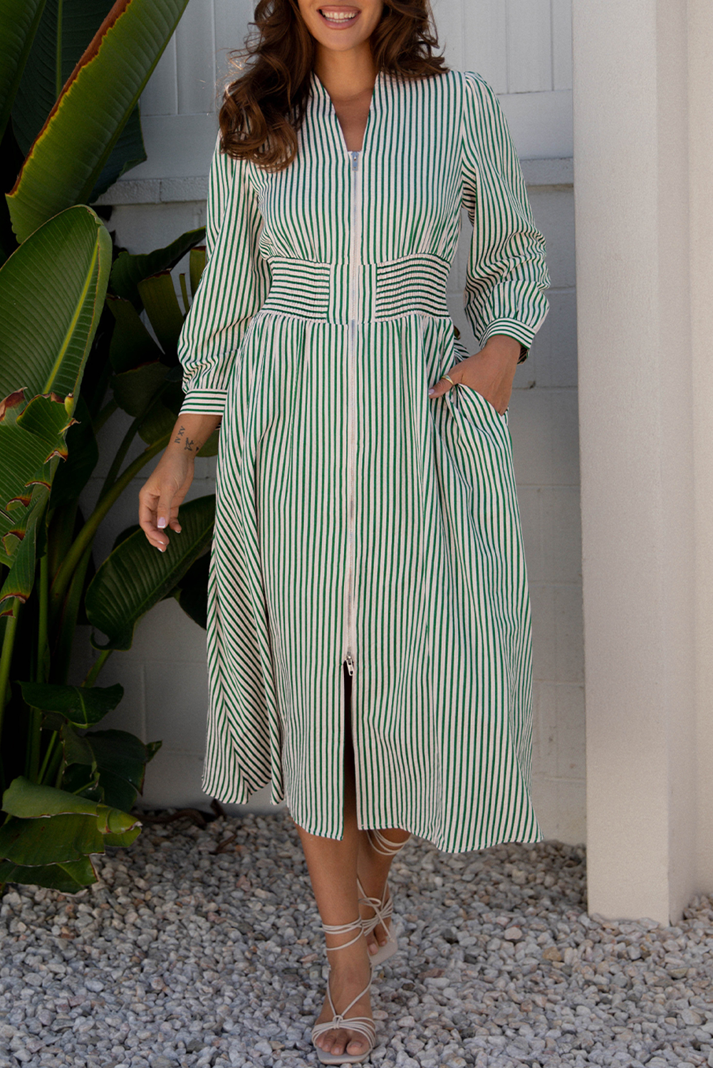 Coffee Plaid Print Full Zipper Cinched Waist Fit Flare Sleeveless Maxi Dress - loveforevers