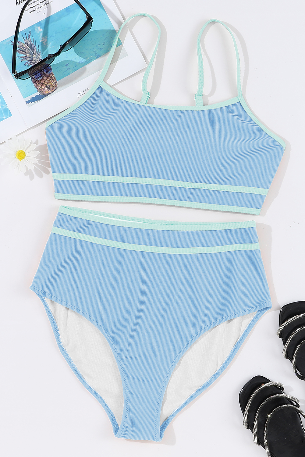 Beau Blue Stylish Ribbed Contrast Trim Spaghetti Straps 2pcs Bikini Swimsuit - loveforevers
